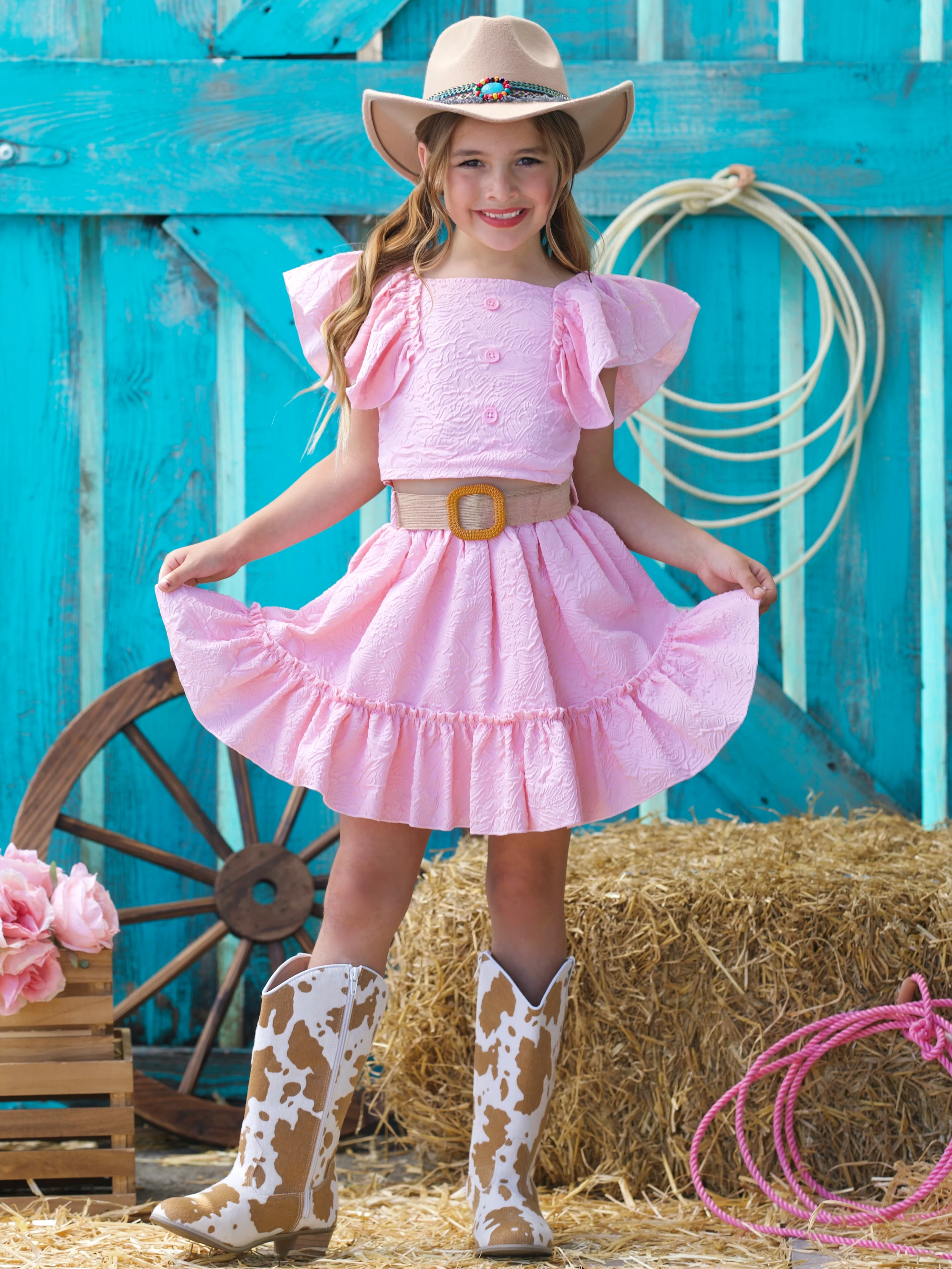 Blush Pink Ruffle Sleeve Belted Skirt Set - Image 3