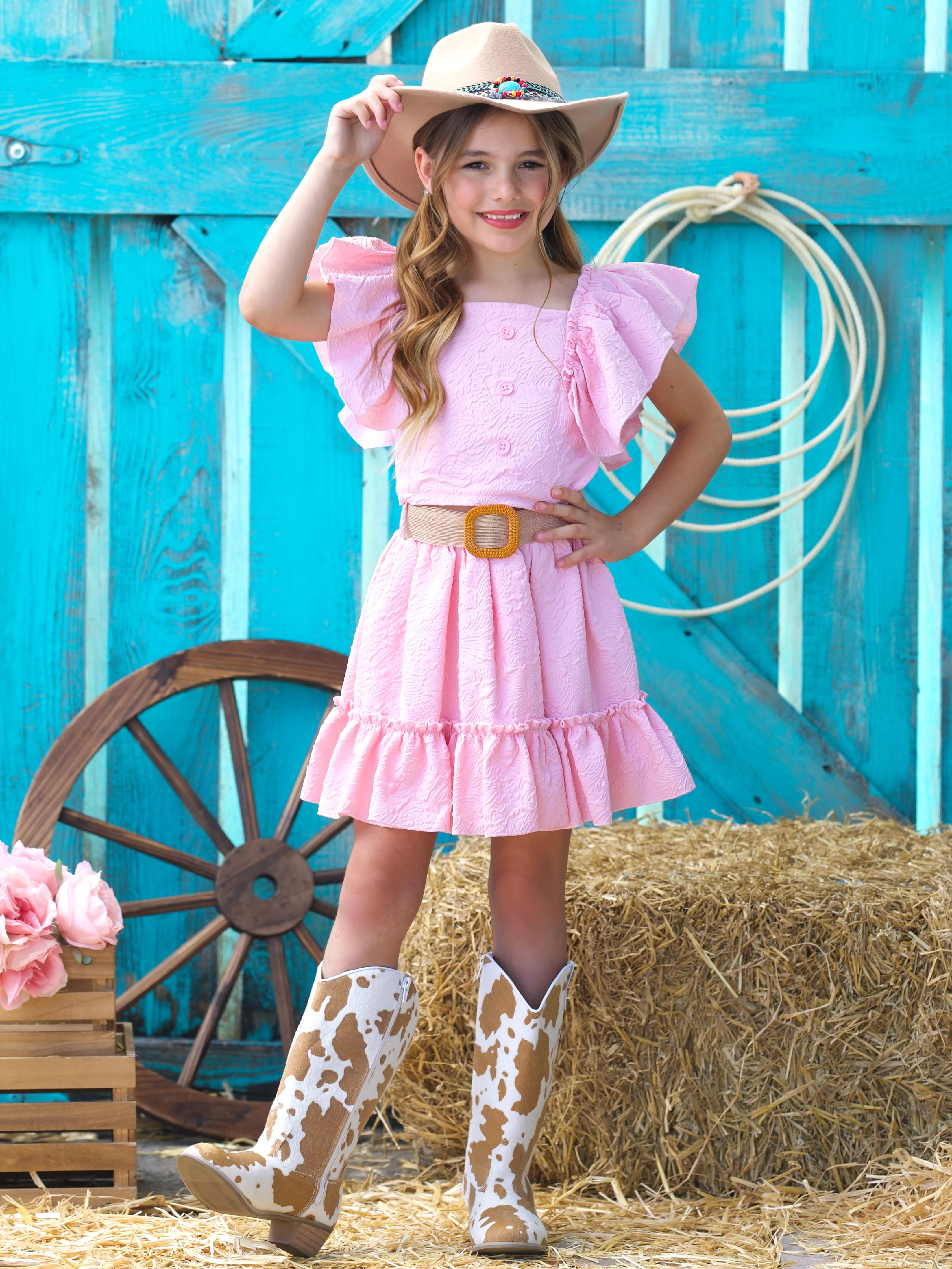 Blush Pink Ruffle Sleeve Belted Skirt Set - Image 5