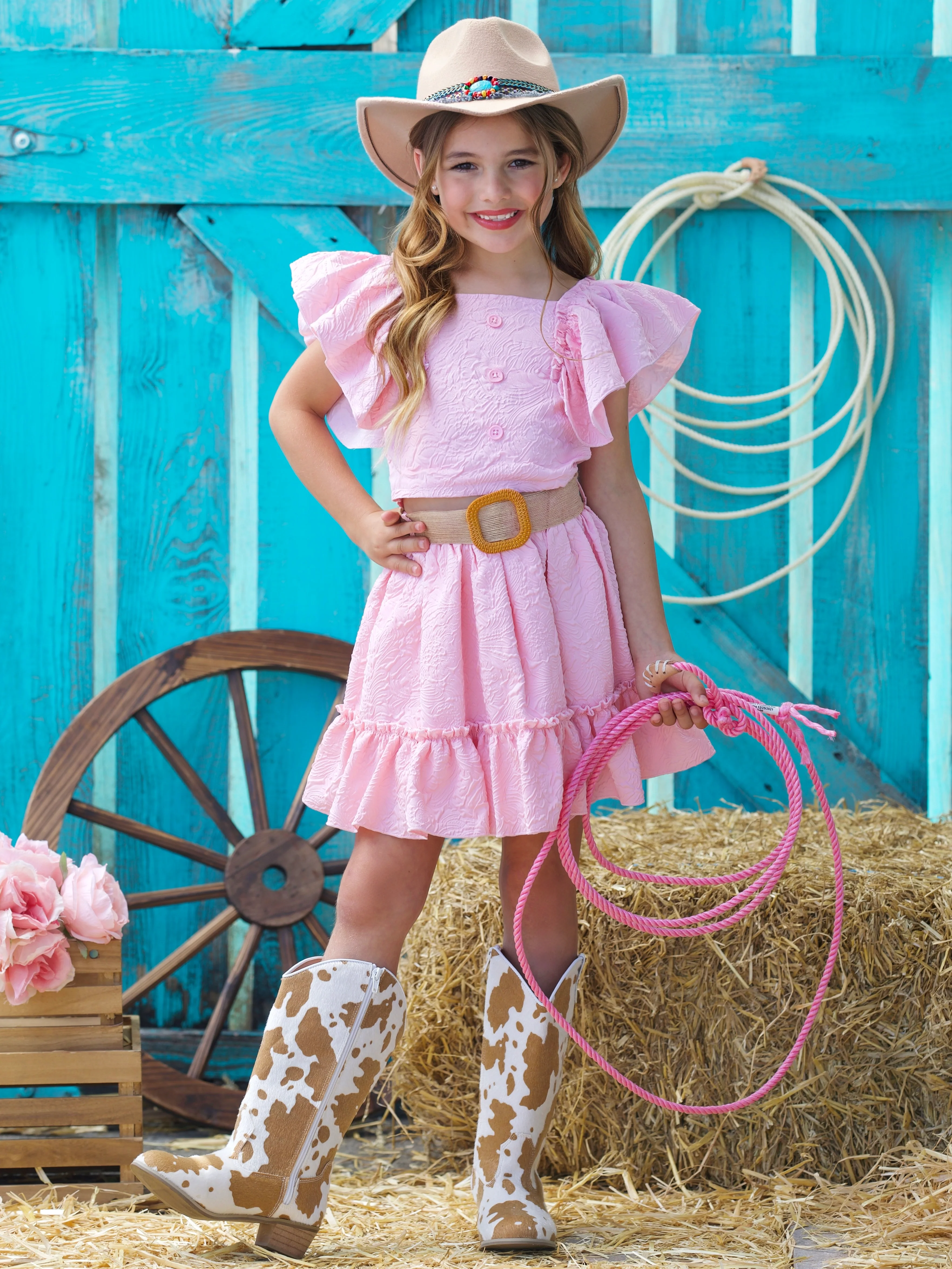 Blush Pink Ruffle Sleeve Belted Skirt Set - Image 6