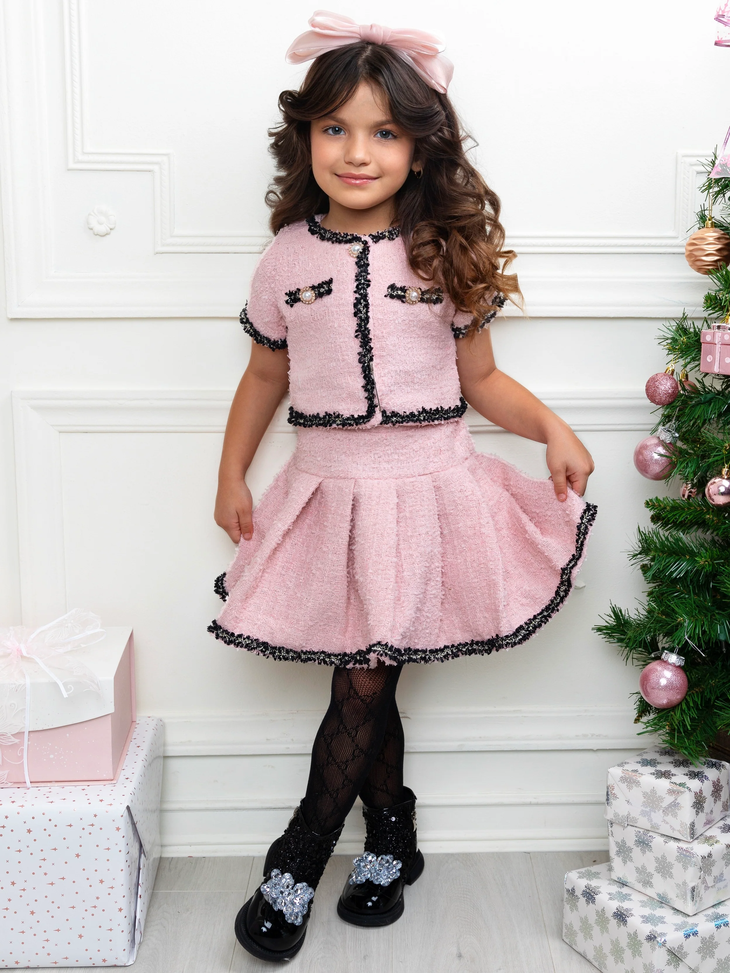 Pink Preppy Boucle Matching Jacket and Pleated Skirt Set - Image 5