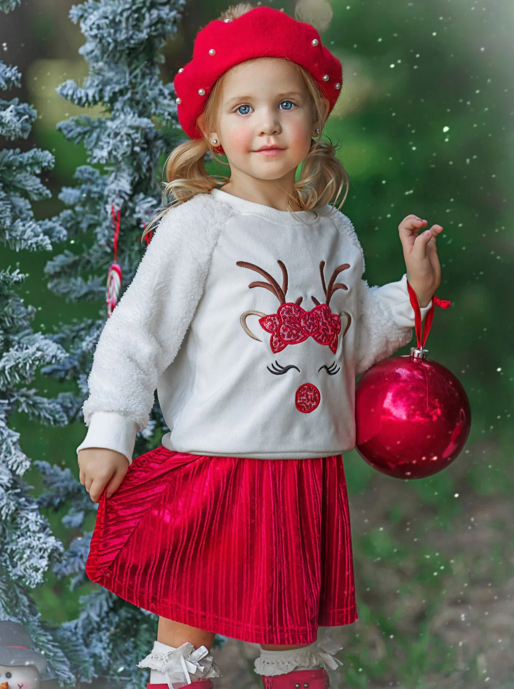 Blushing Reindeer Velvet Skirt Set - Image 3
