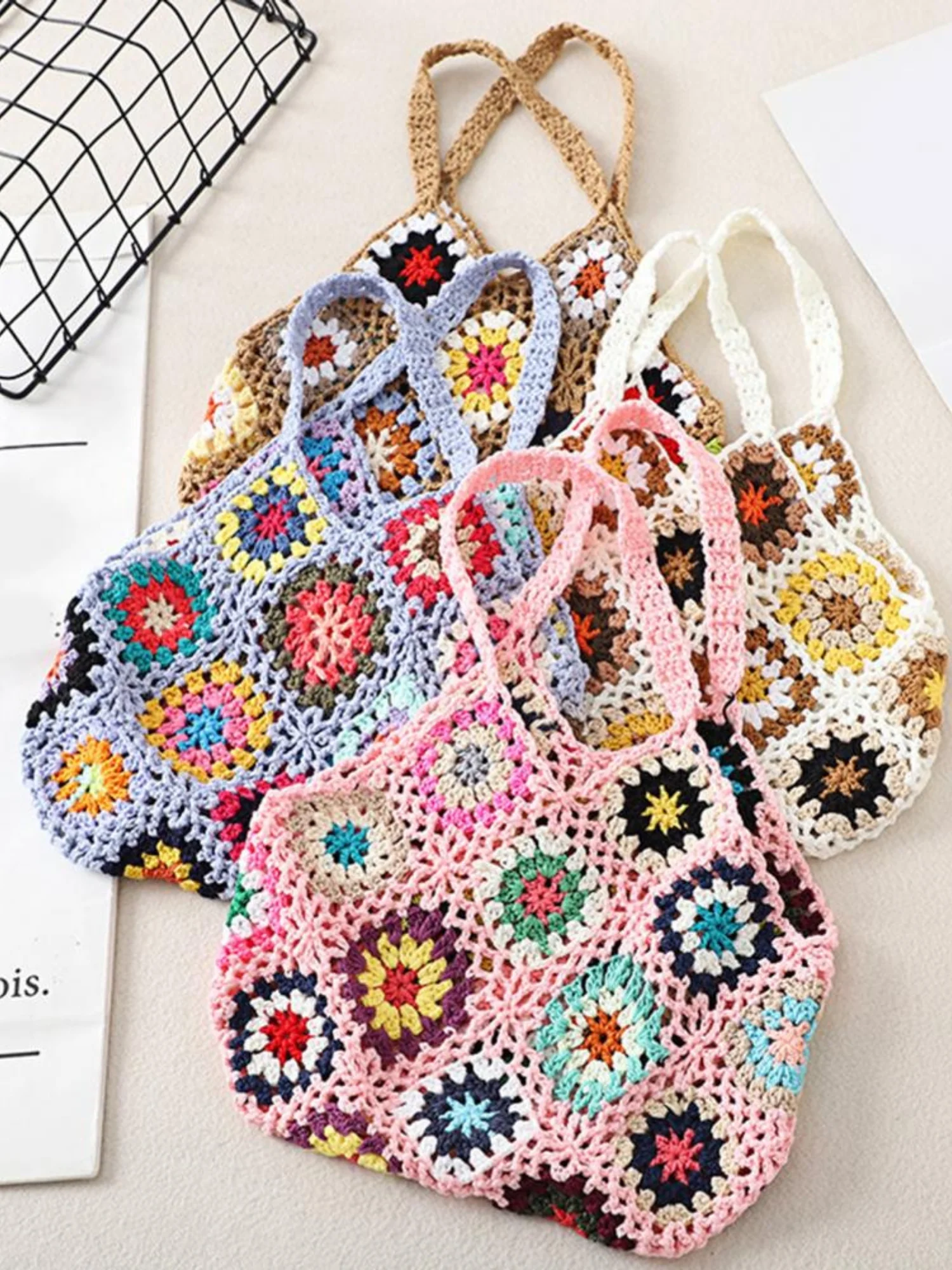 Bohemian Crochet Knitted Tote Bag - Image 3