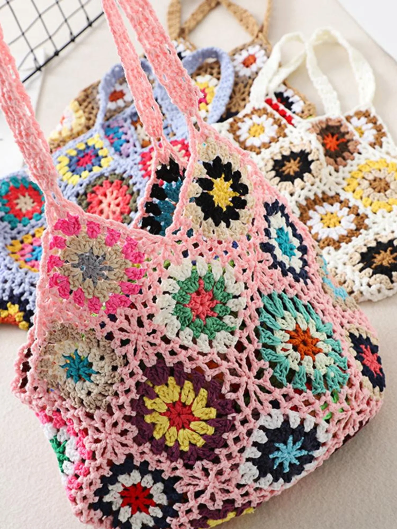 Bohemian Crochet Knitted Tote Bag - Image 4