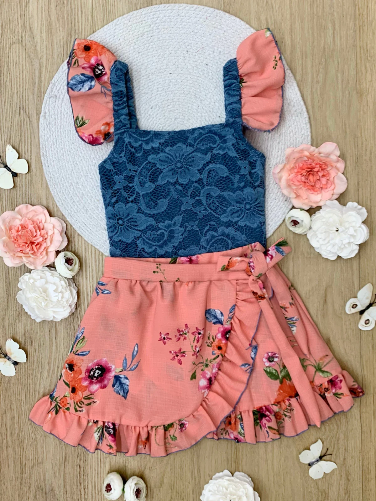 Boho Bloom Lace Top and Floral Ruffle Skort Set - Image 2