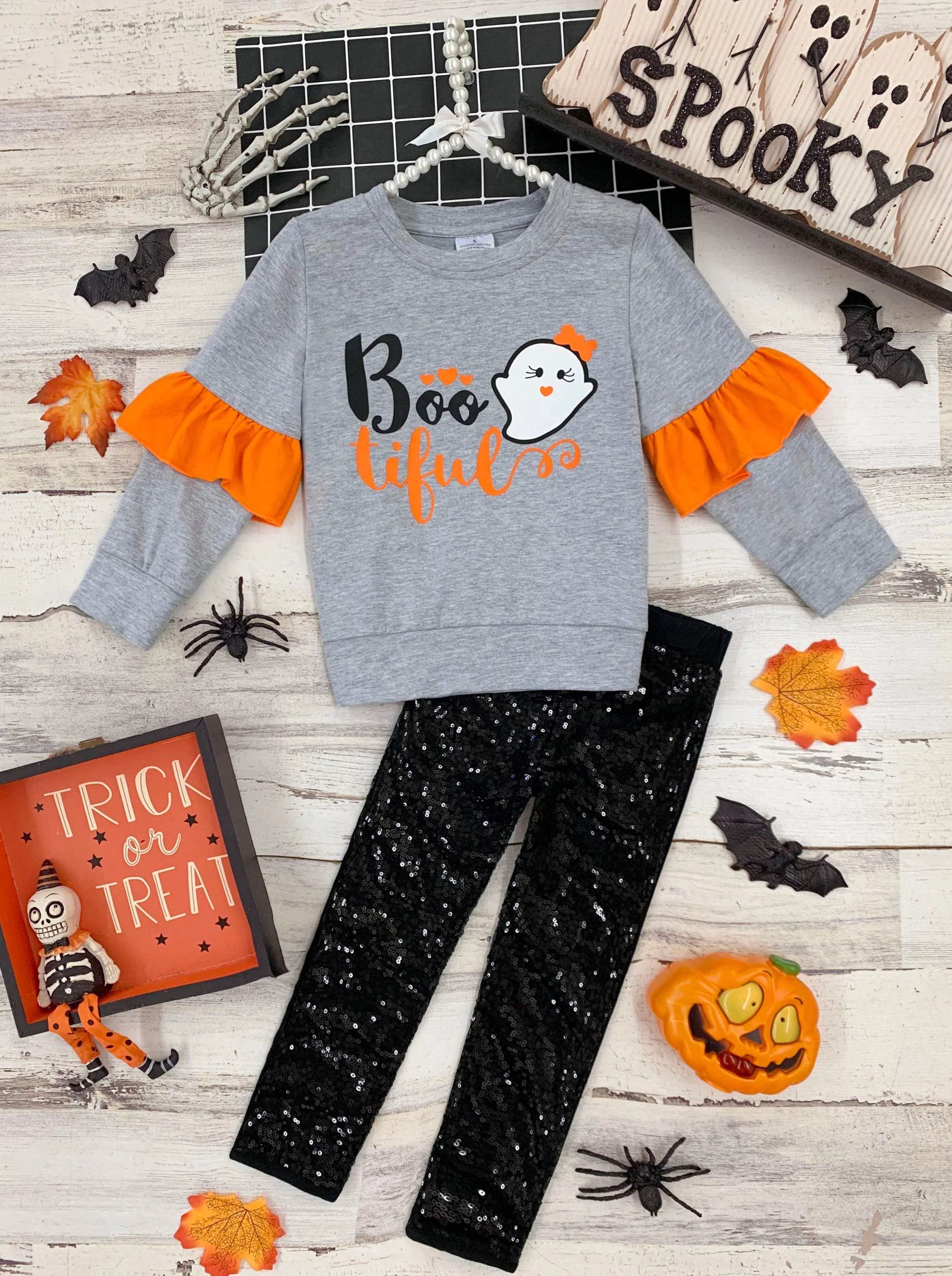 Boo-tiful Ruffle Sleeve Sweater and Sequin Legging Set - Image 3