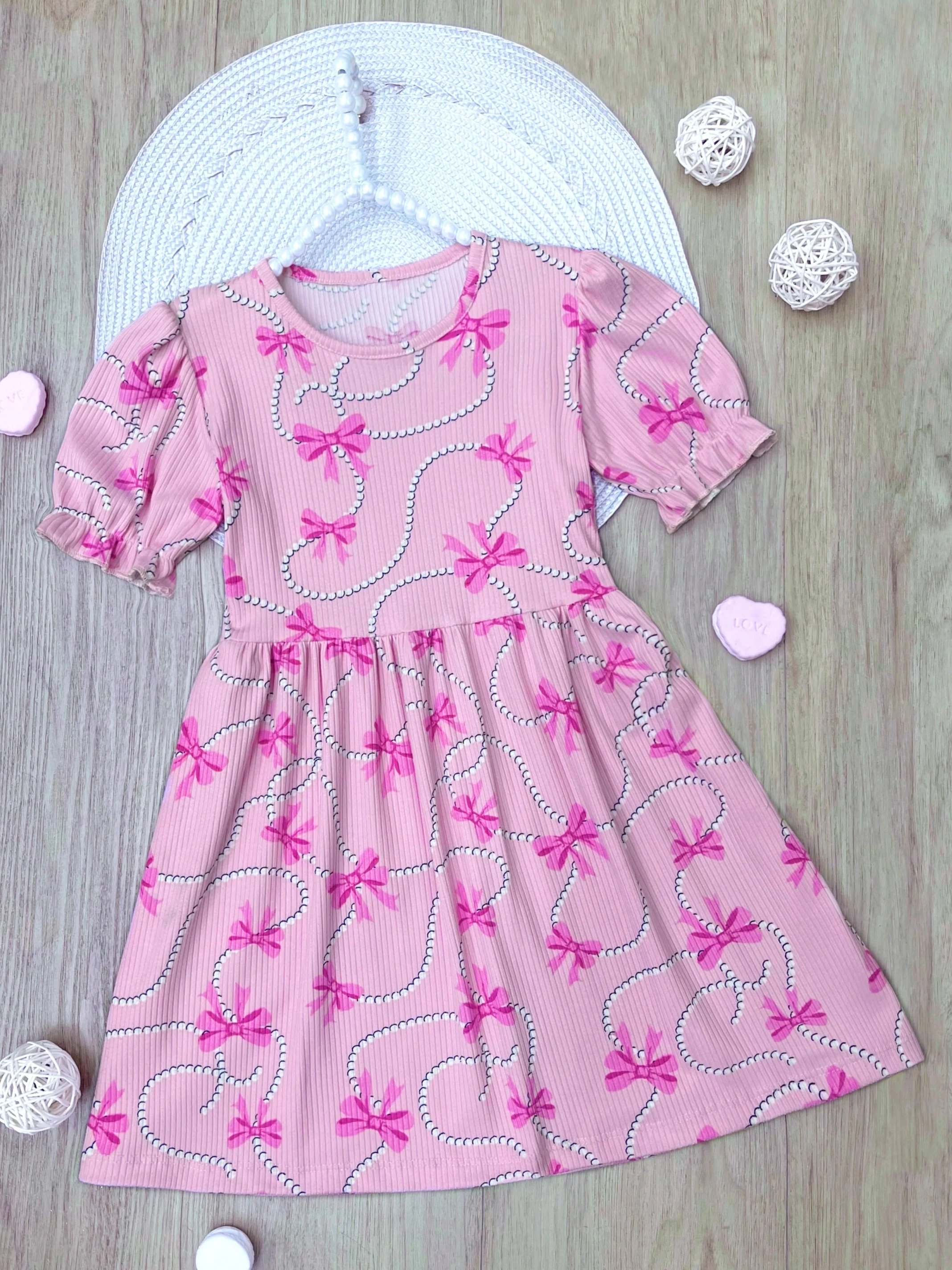 Pink Bow Charm Puff Sleeve Dress - Image 3