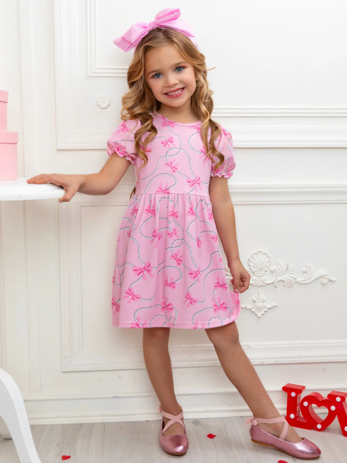 Pink Bow Charm Puff Sleeve Dress - Image 4