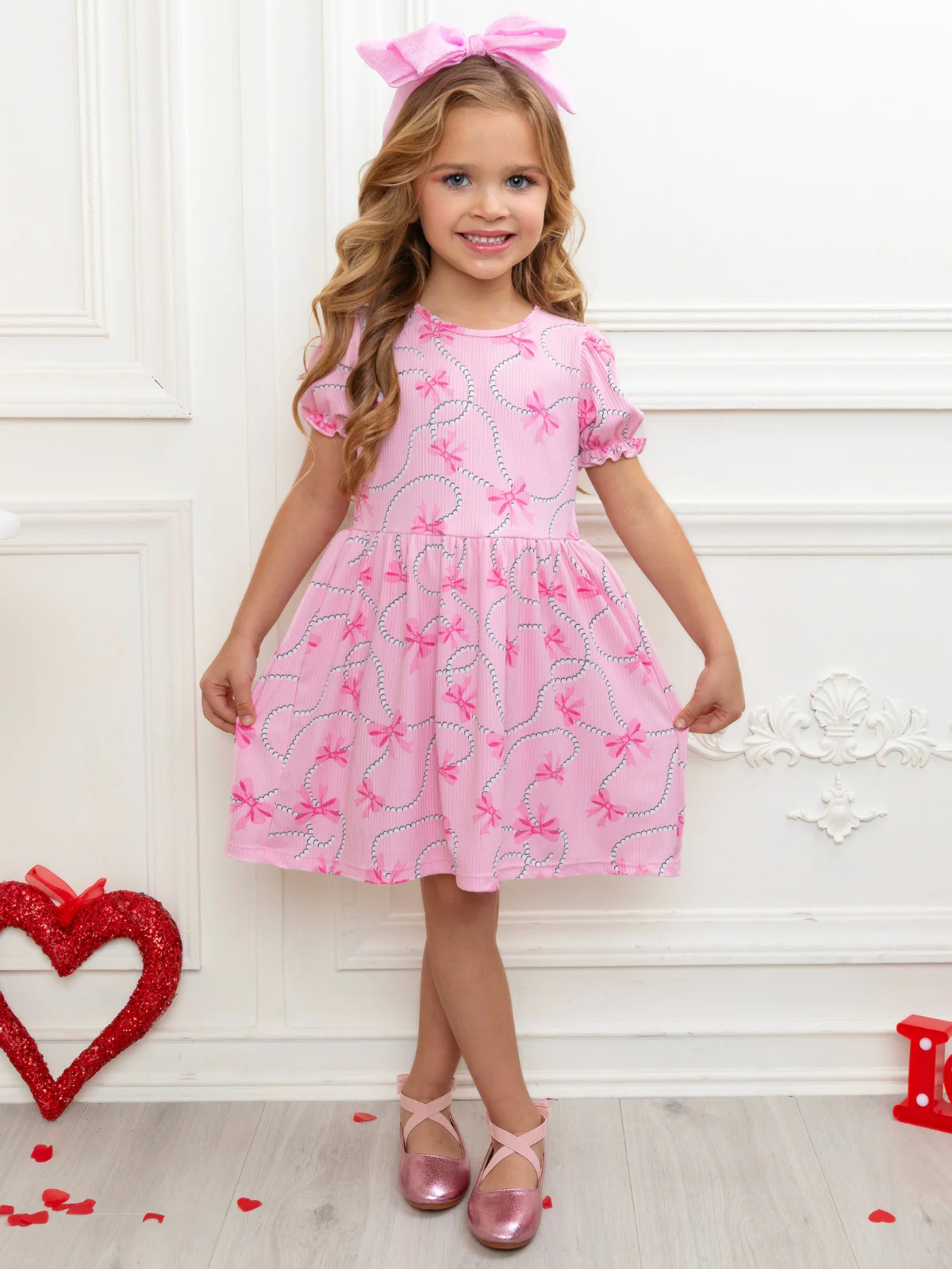 Pink Bow Charm Puff Sleeve Dress - Image 5