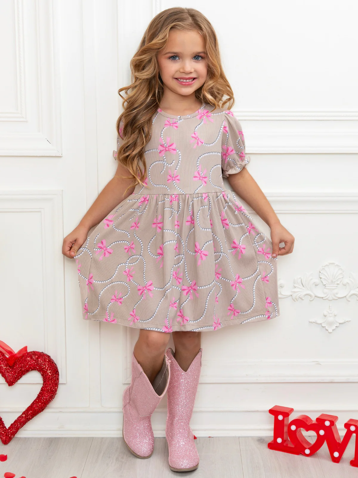 Bow Charm Beige Puff Sleeve Dress - Image 3