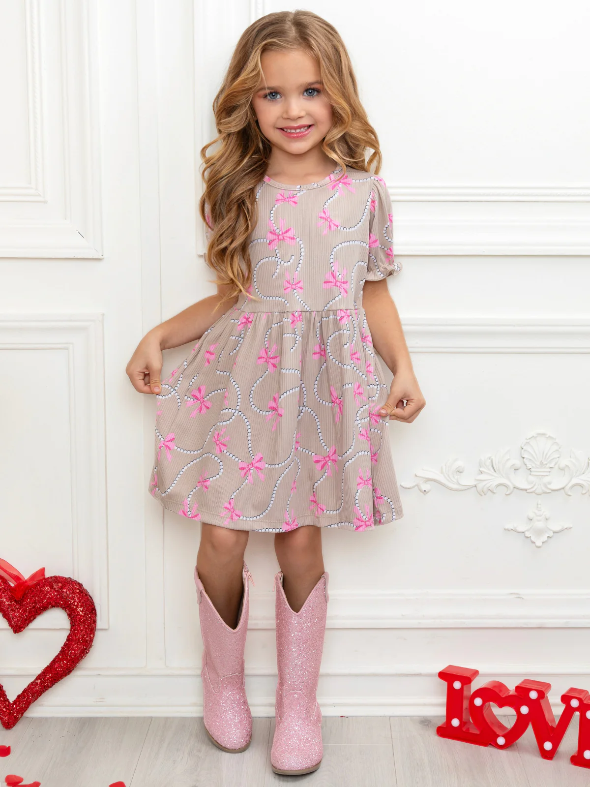 Bow Charm Beige Puff Sleeve Dress - Image 4