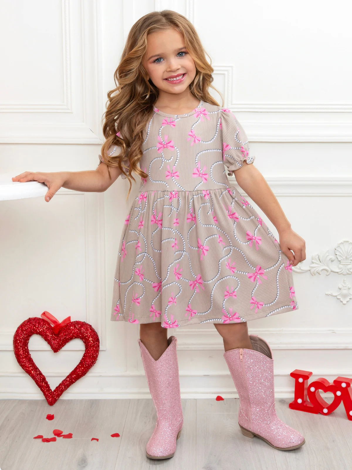 Bow Charm Beige Puff Sleeve Dress - Image 5