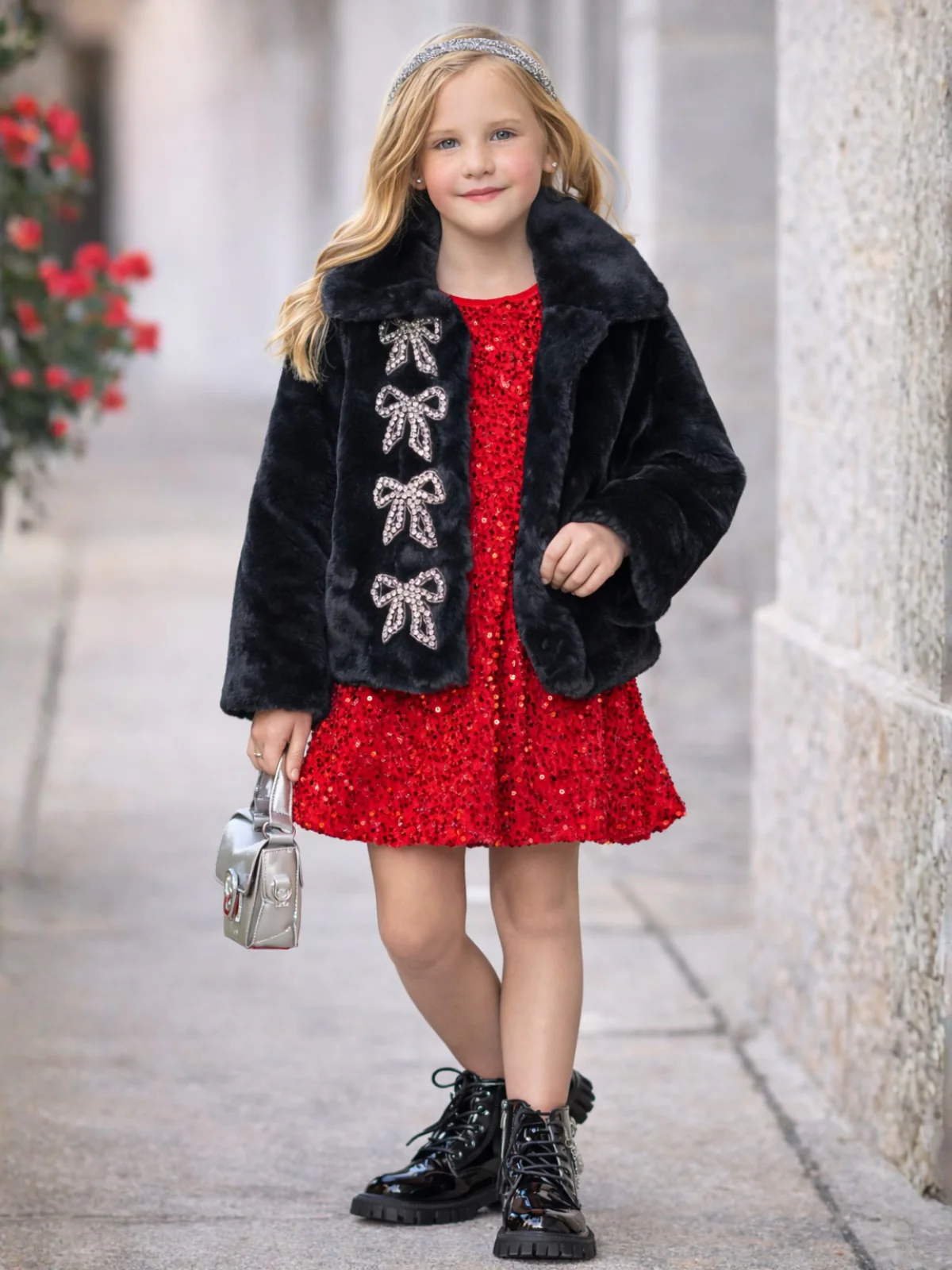 Sparkling Bow Faux Fur Coat - Image 2