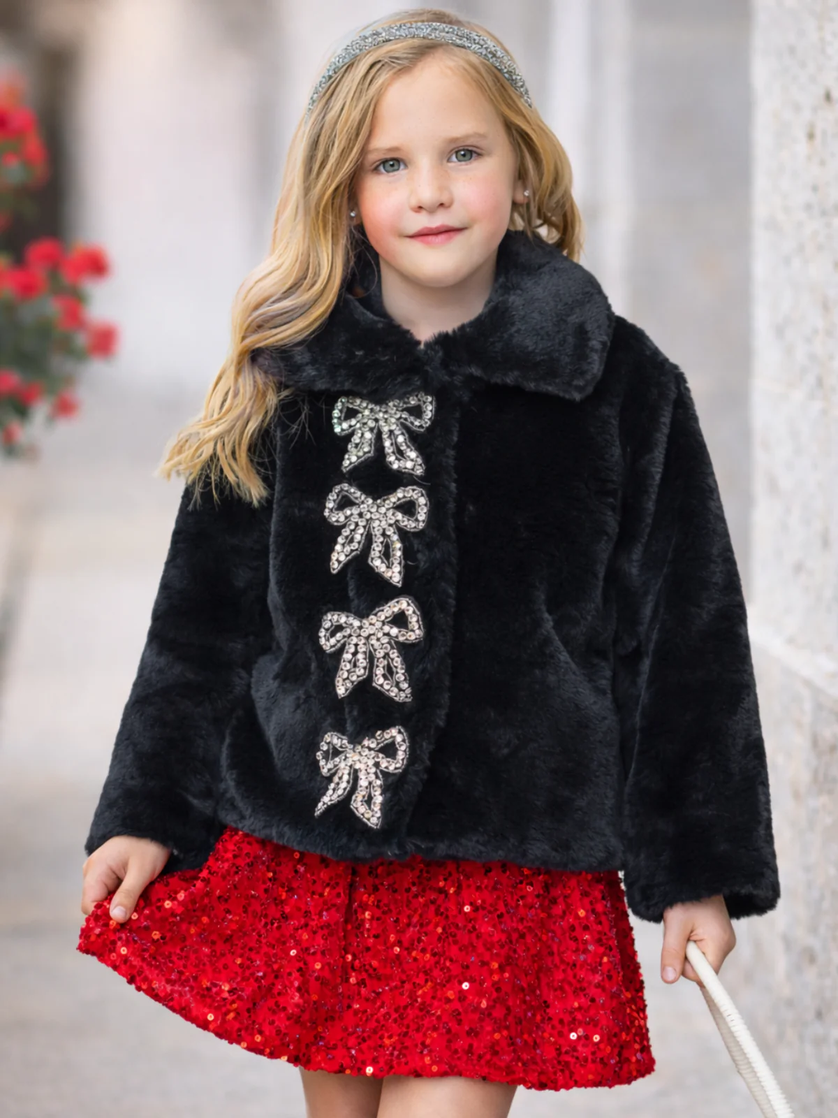 Sparkling Bow Faux Fur Coat - Image 3