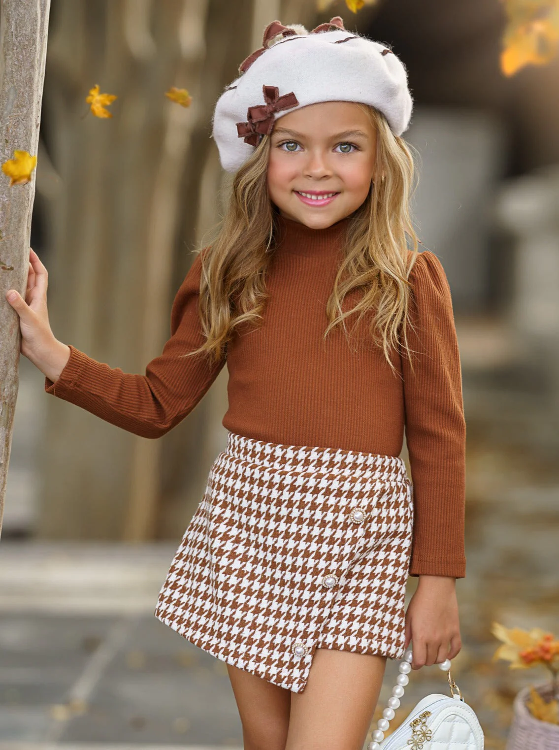 OOTD-Ready Brown Turtleneck Top and Houndstooth Skort Set - Image 5