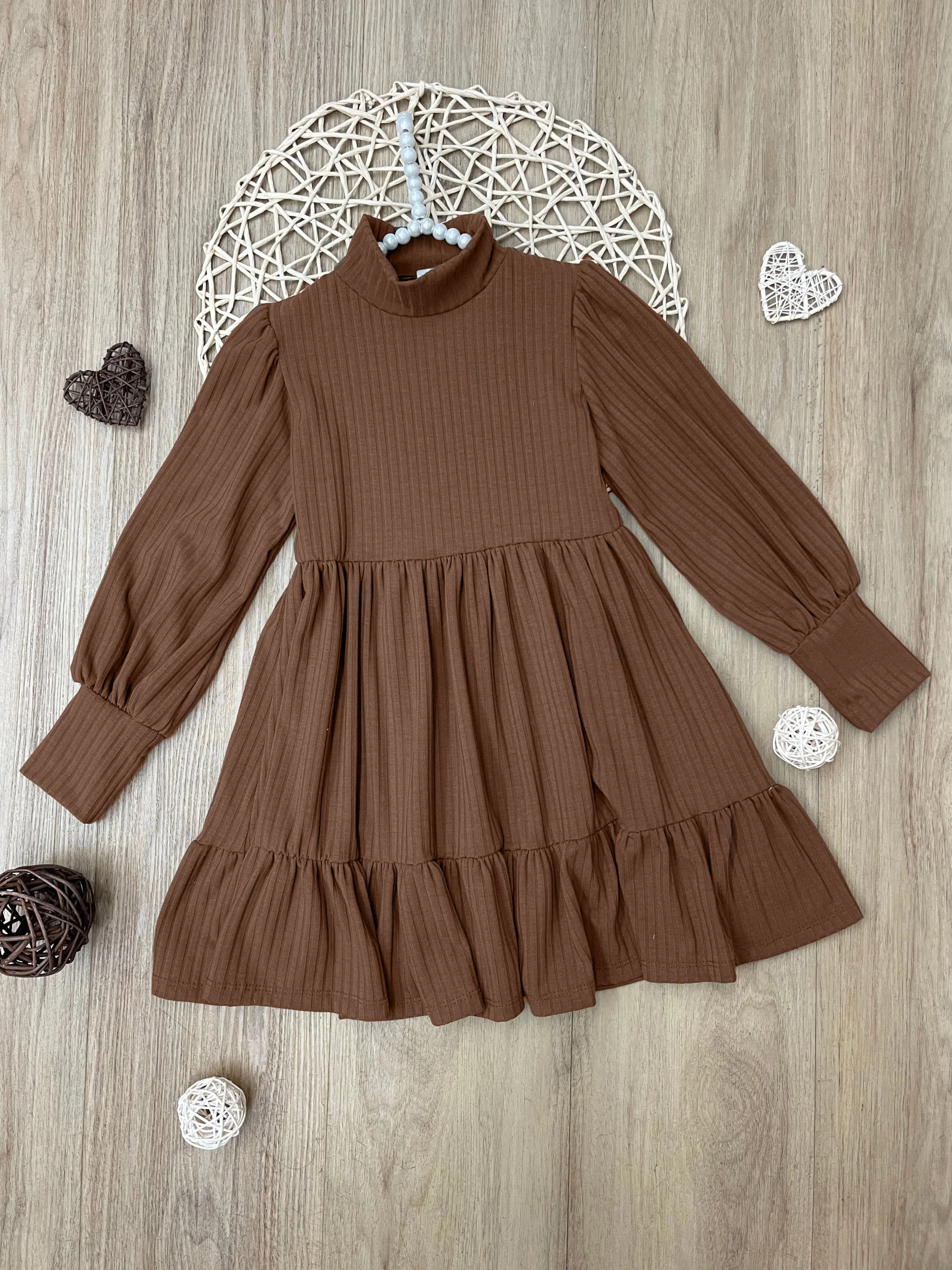 Brown Ribbed Long Sleeve Ruffle Dress - Image 3