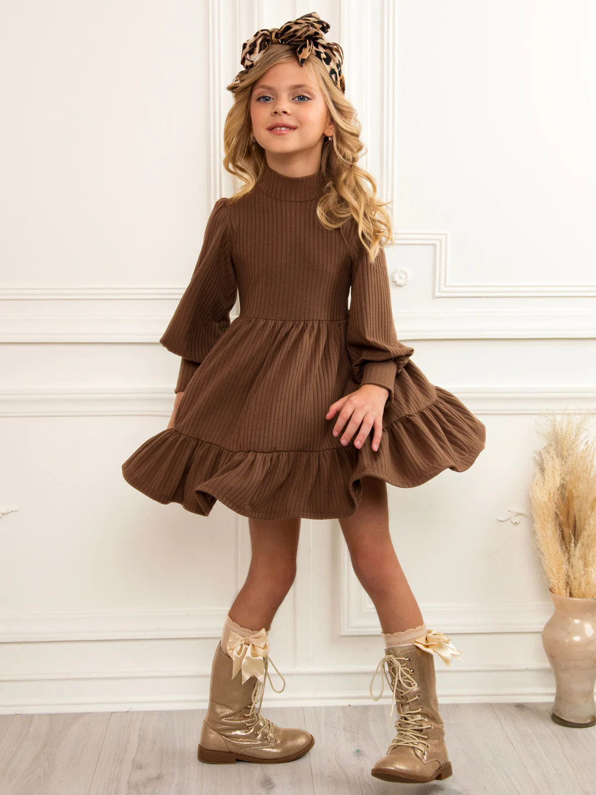 Brown Ribbed Long Sleeve Ruffle Dress - Image 4