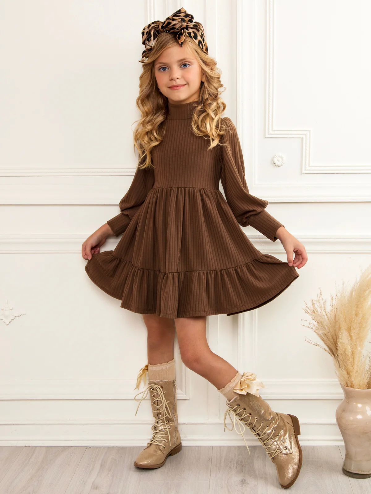 Brown Ribbed Long Sleeve Ruffle Dress - Image 5