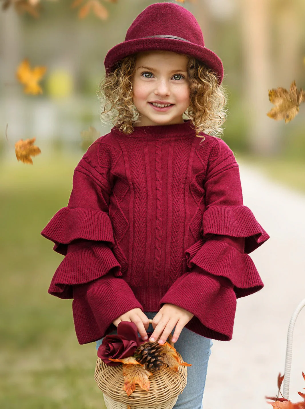 Burgundy Bliss Tiered Sleeve Cable Knit Sweater - Image 3