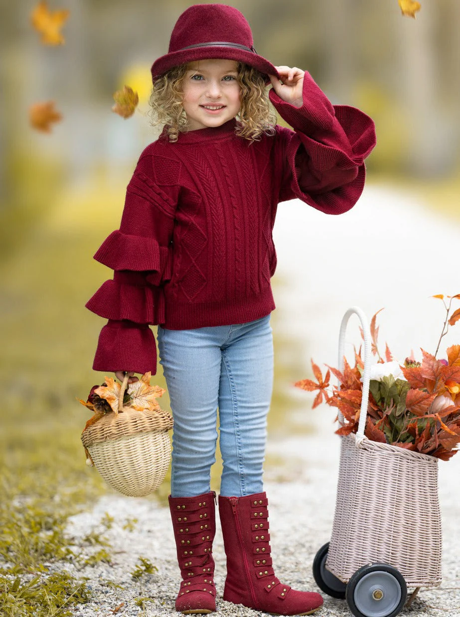 Burgundy Bliss Tiered Sleeve Cable Knit Sweater - Image 4