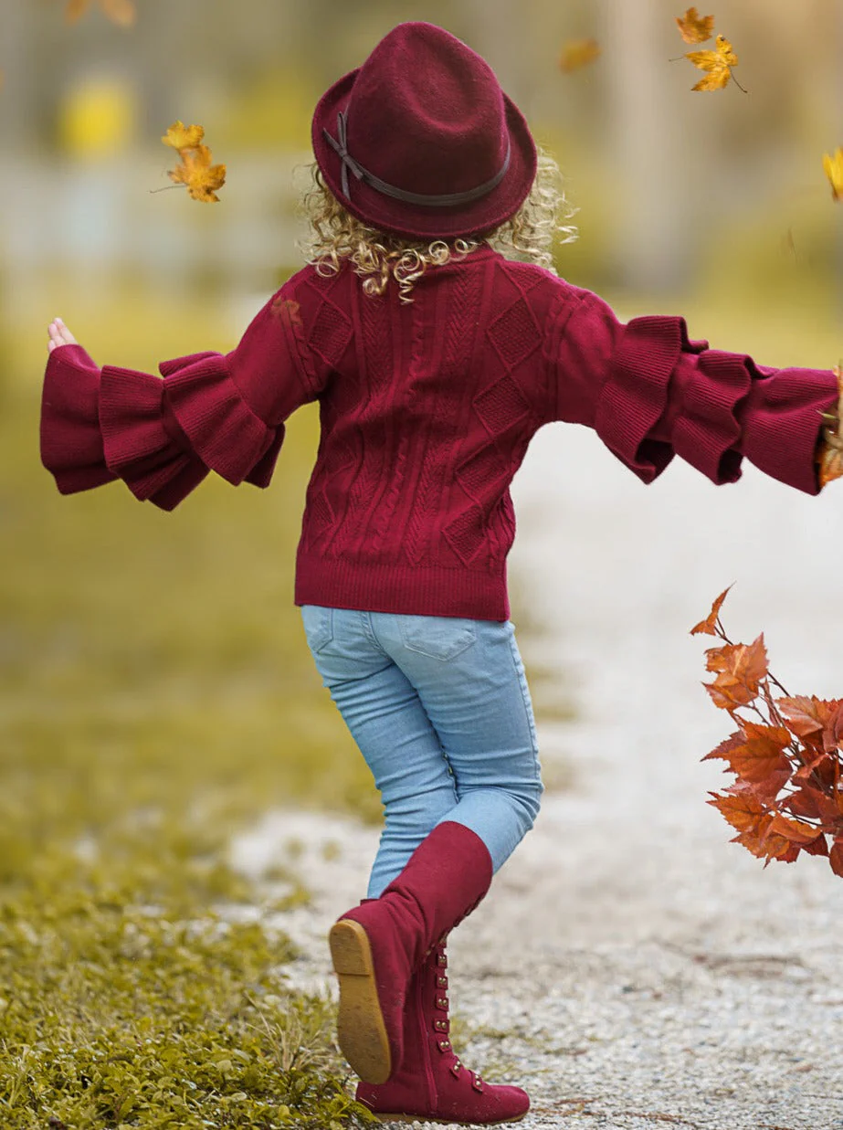 Burgundy Bliss Tiered Sleeve Cable Knit Sweater - Image 5