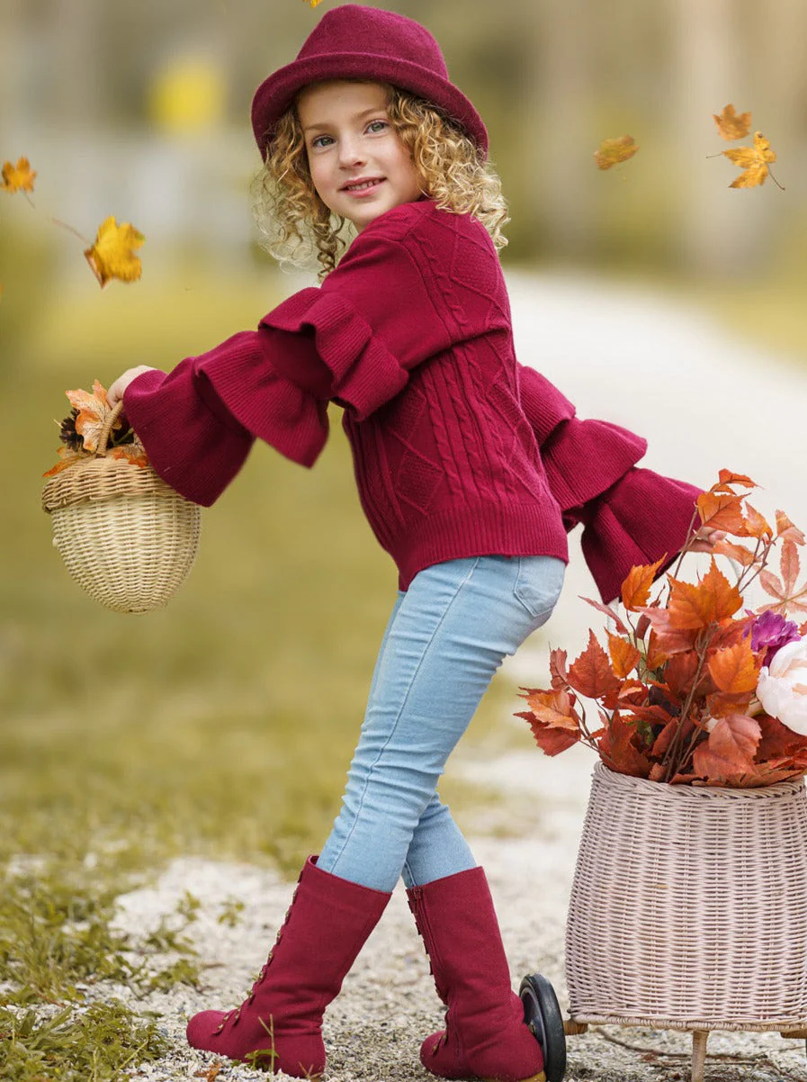 Burgundy Bliss Tiered Sleeve Cable Knit Sweater - Image 6