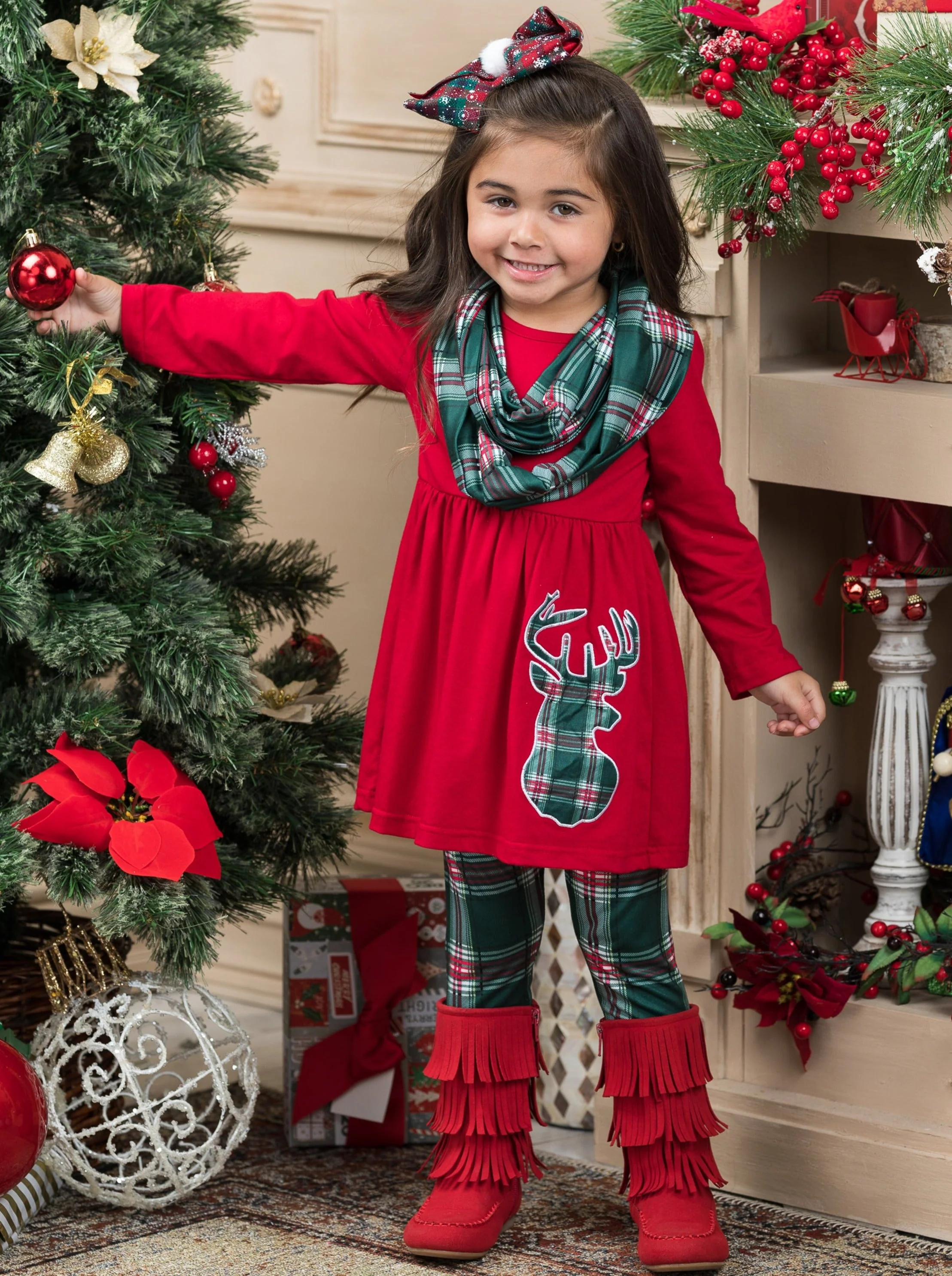 Reindeer Slay Plaid Tunic, Scarf, And Legging Set - Image 2