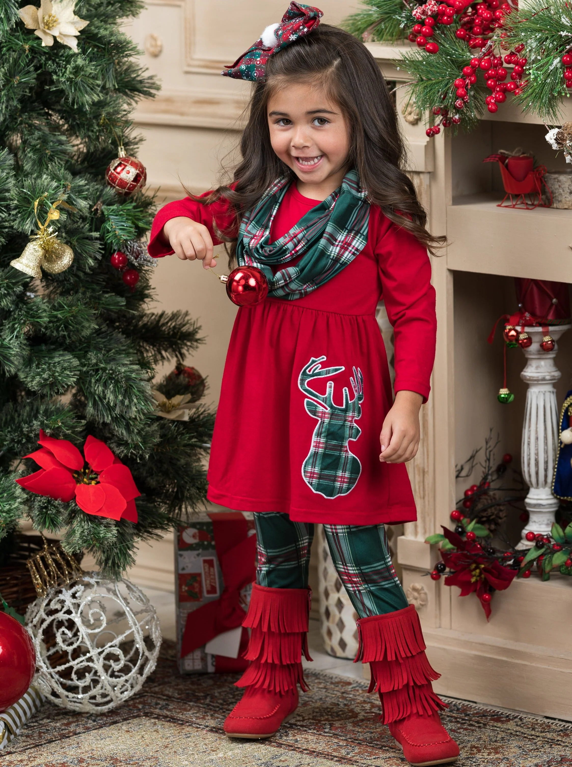 Reindeer Slay Plaid Tunic, Scarf, And Legging Set - Image 4