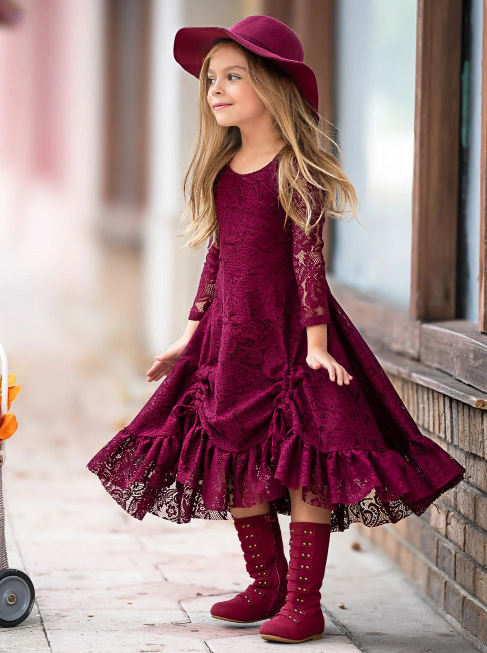 Burgundy Hi-Lo Drawstring Lace Ruffle Dress - Image 3