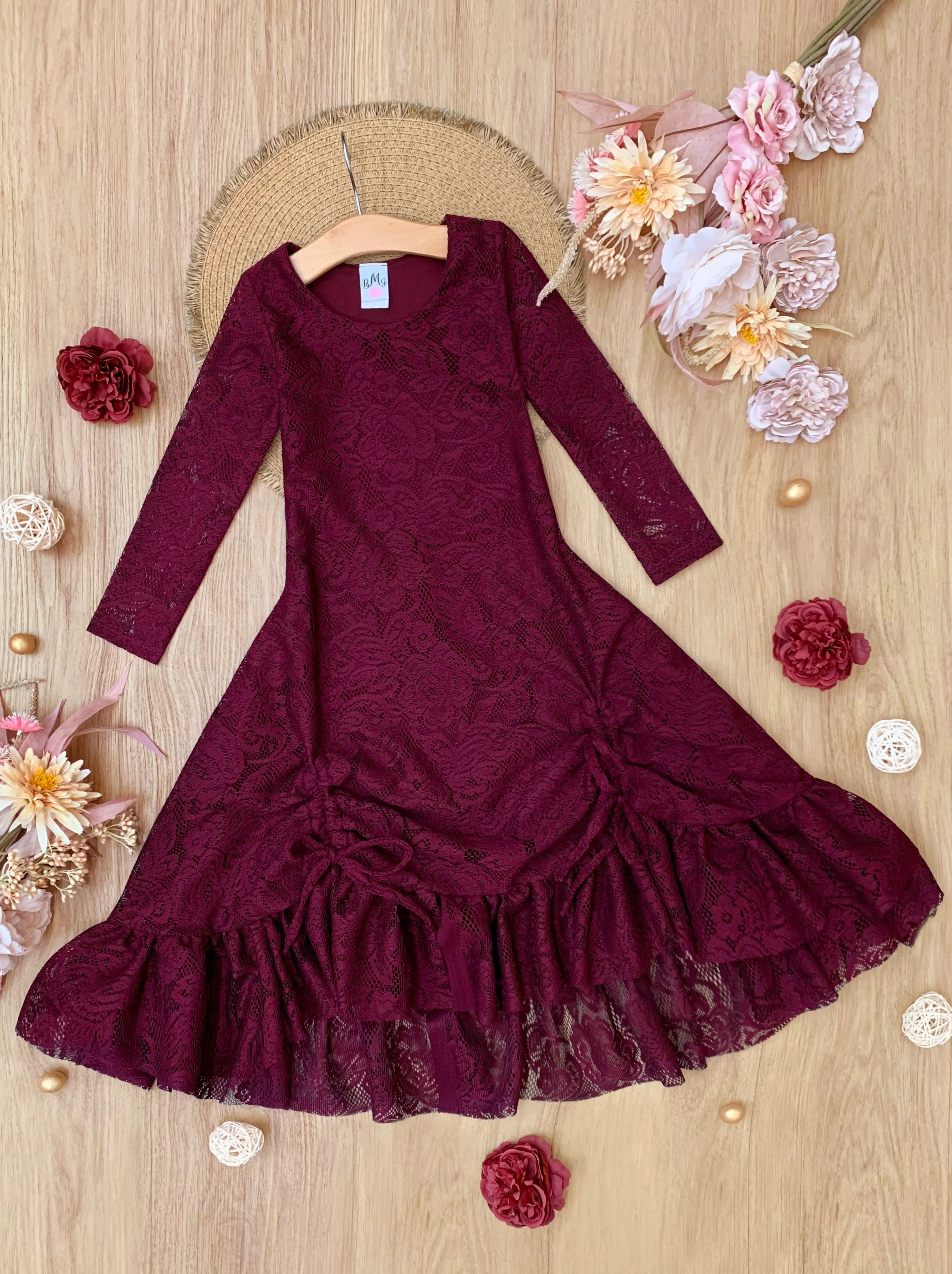 Burgundy Hi-Lo Drawstring Lace Ruffle Dress - Image 4