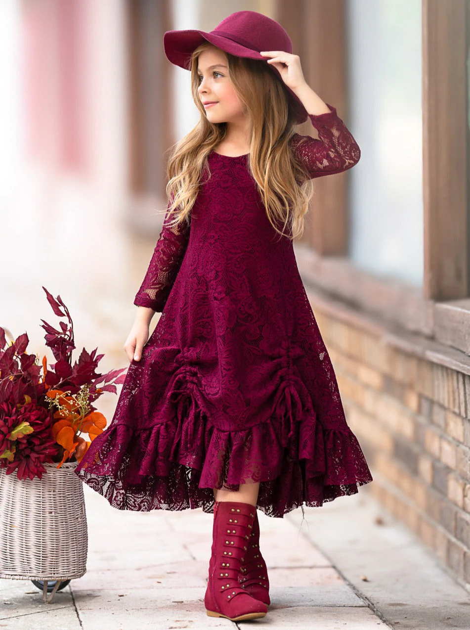 Burgundy Hi-Lo Drawstring Lace Ruffle Dress - Image 5