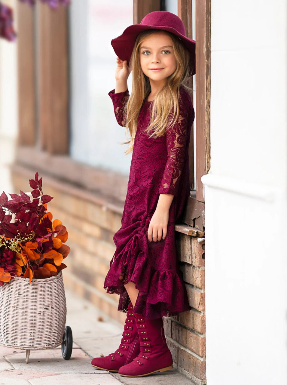 Burgundy Hi-Lo Drawstring Lace Ruffle Dress - Image 6
