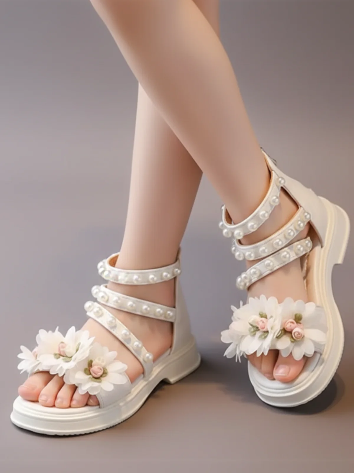 Charming Girls' Pearl-Embellished Floral Sandals By Liv and Mia - Image 3