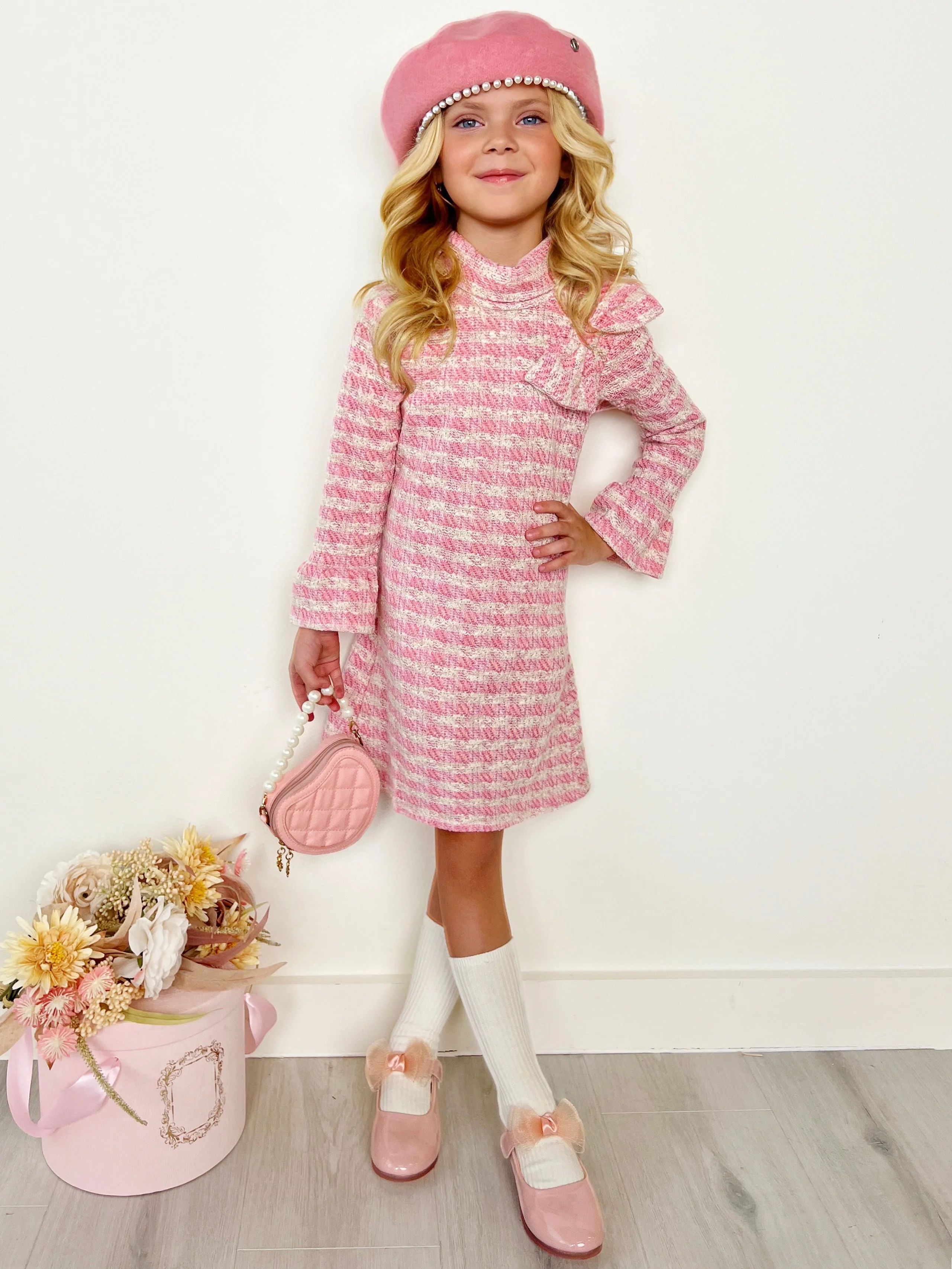 Charming Checked Tweed Pink with Accent Bow Dress - Image 2