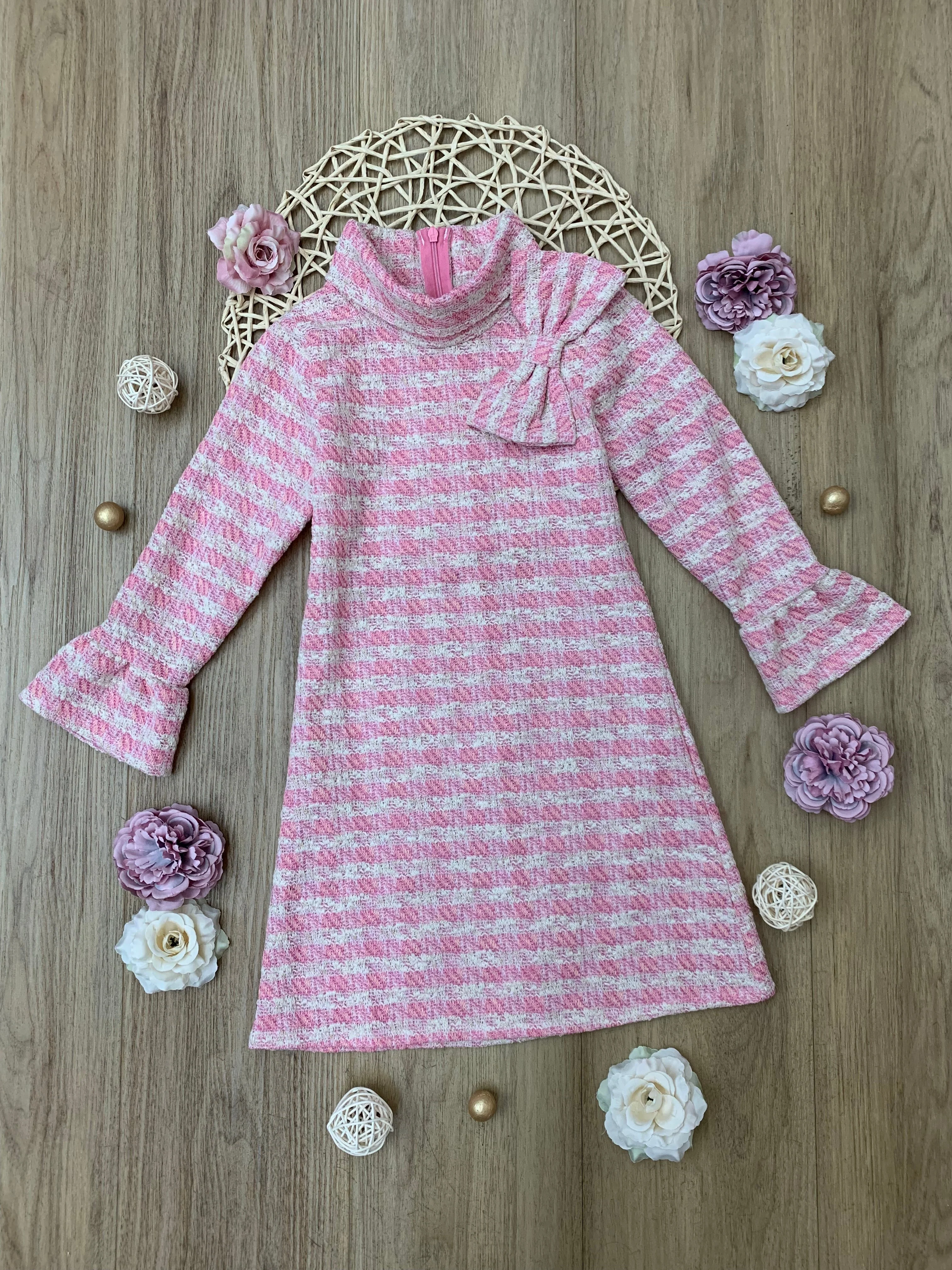 Charming Checked Tweed Pink with Accent Bow Dress - Image 3