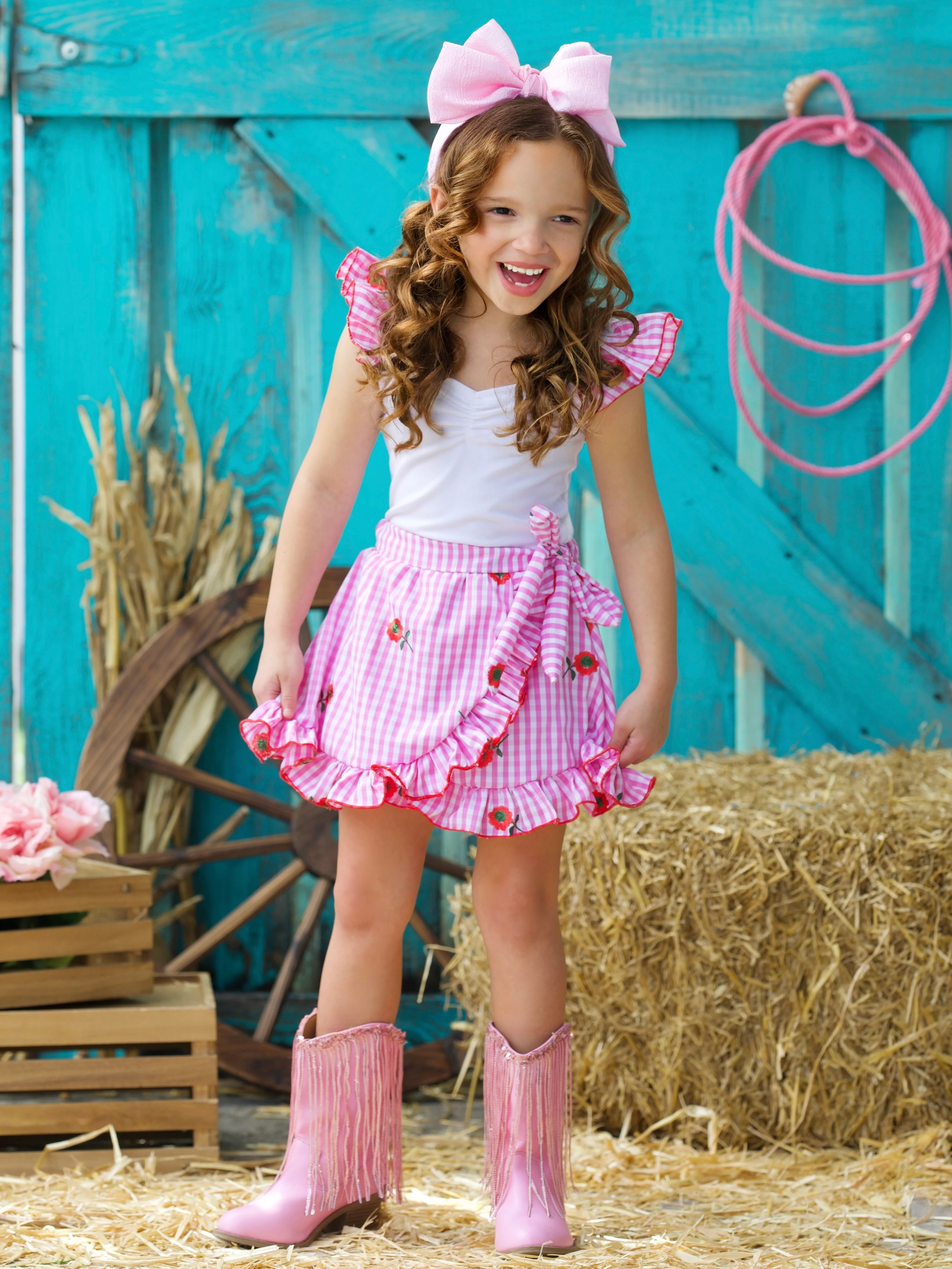 Cherry Blossom Gingham Top and Ruffle Skort Set - Image 4