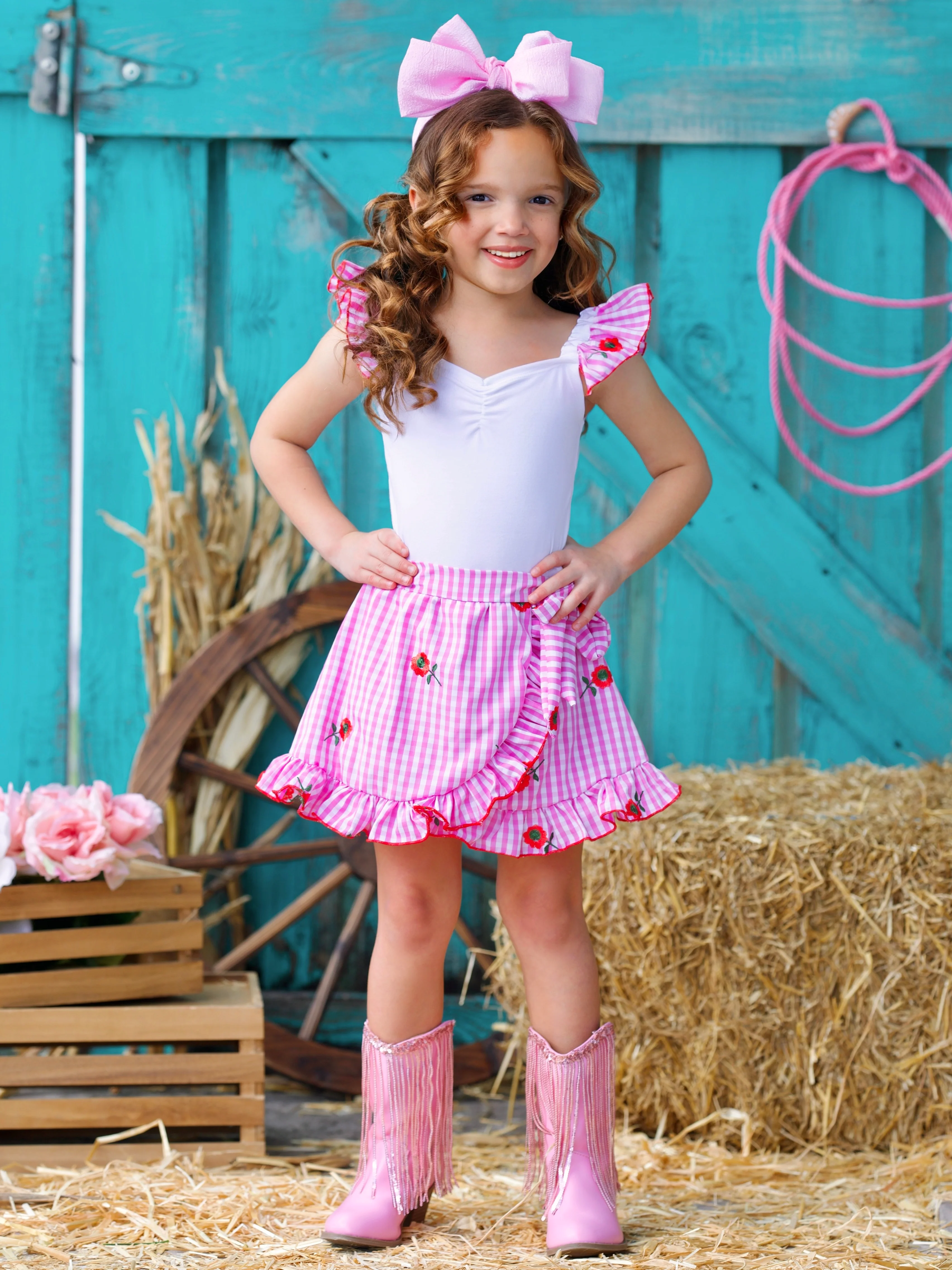 Cherry Blossom Gingham Top and Ruffle Skort Set - Image 5