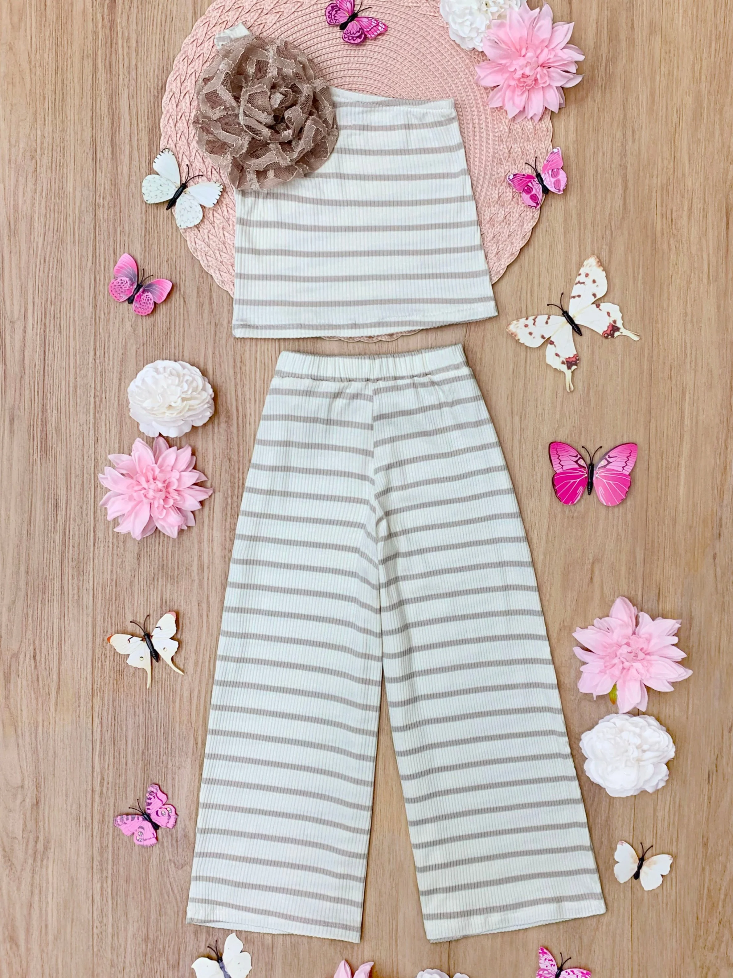 Sandy Stroll Striped One-Shoulder Top and Palazzo Pants Set - Image 2