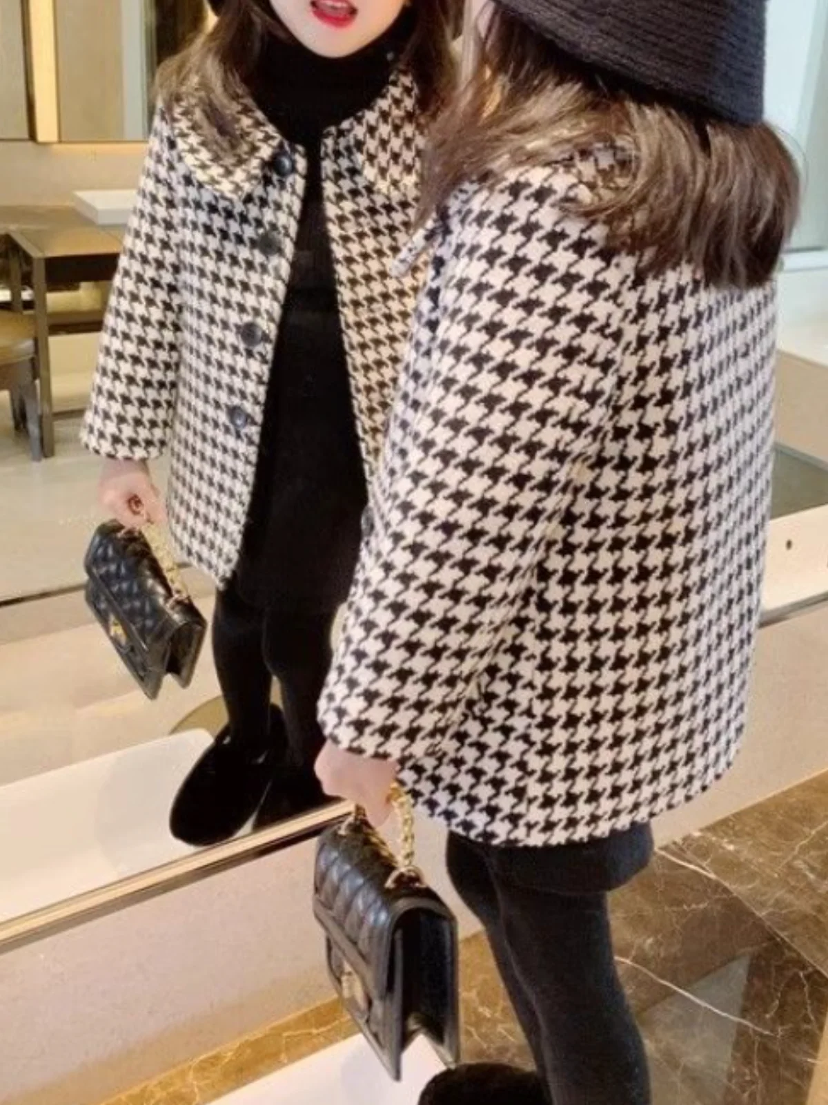 Chic Houndstooth Long Coat - Image 5