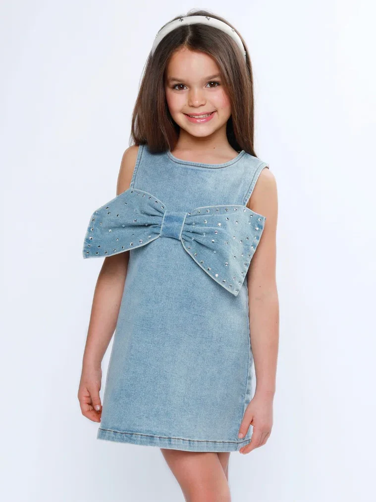 Chic Bow Rhinestone Denim Shift Dress - Image 2