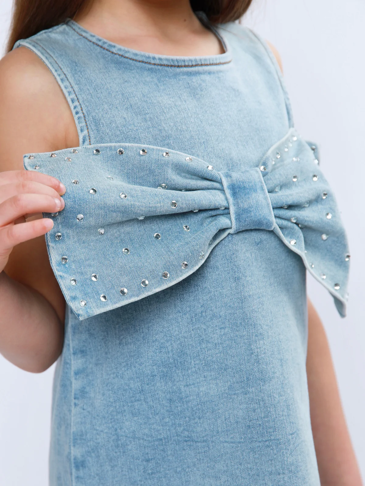 Chic Bow Rhinestone Denim Shift Dress - Image 3