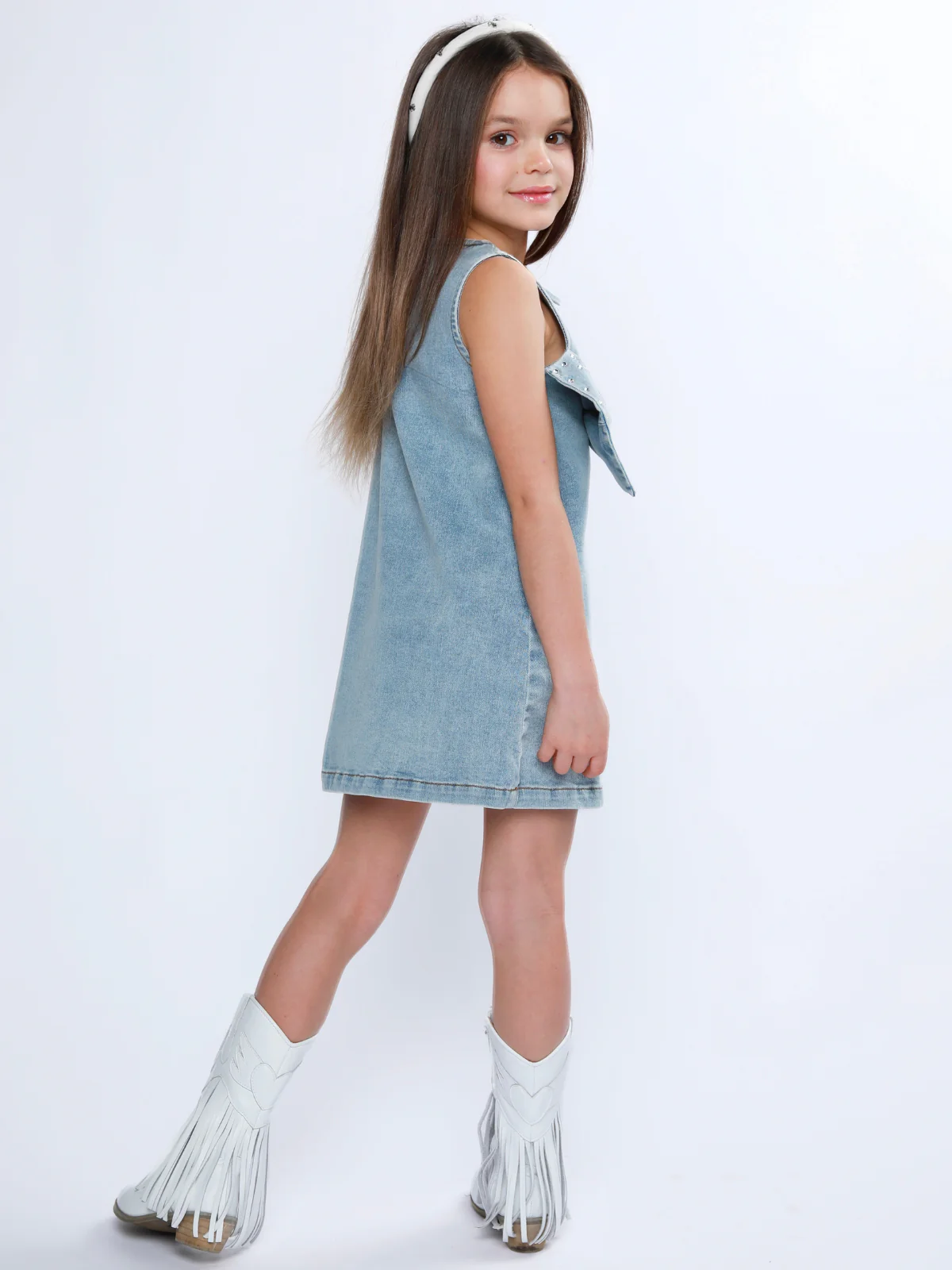 Chic Bow Rhinestone Denim Shift Dress - Image 4