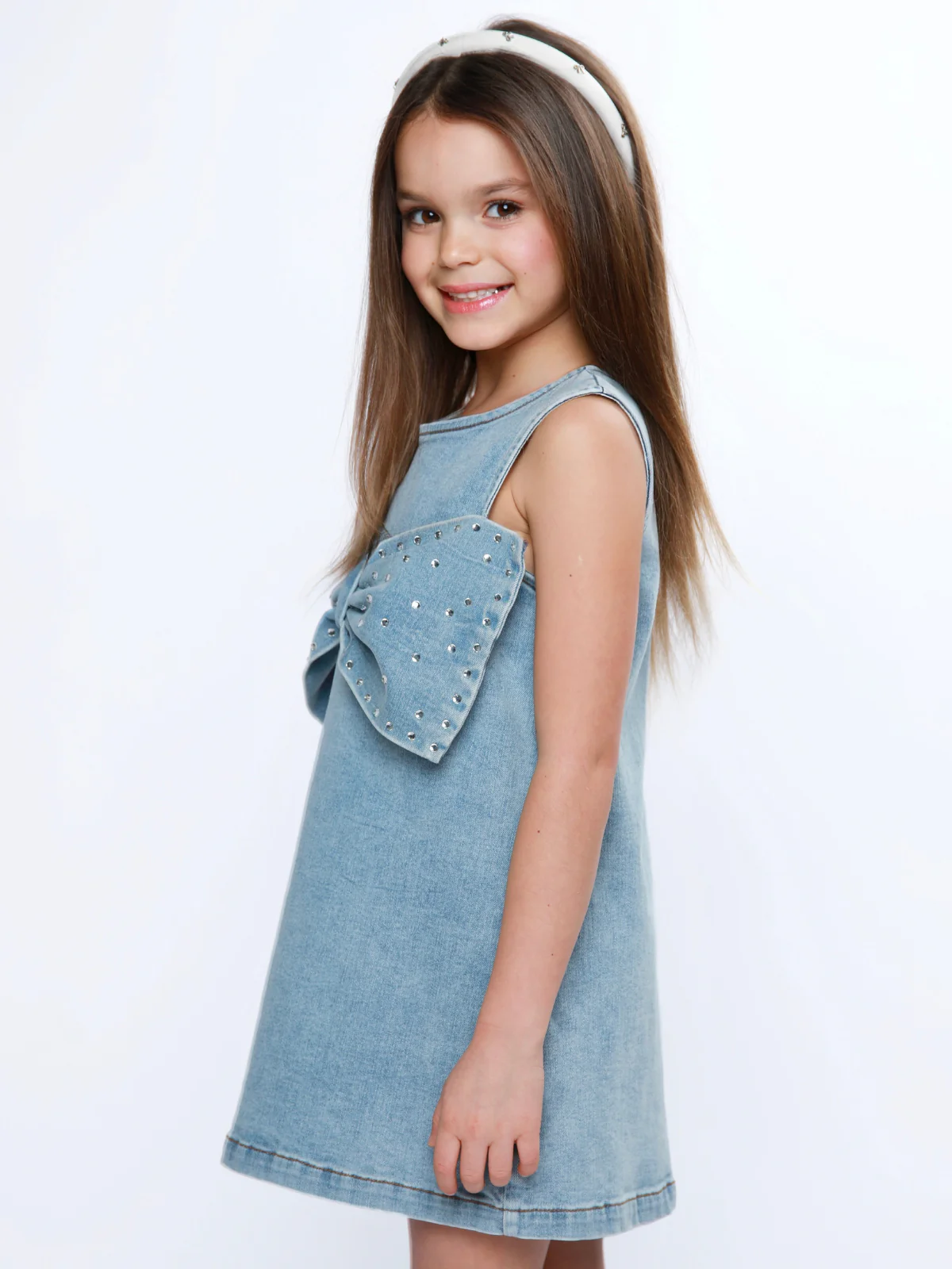 Chic Bow Rhinestone Denim Shift Dress - Image 5