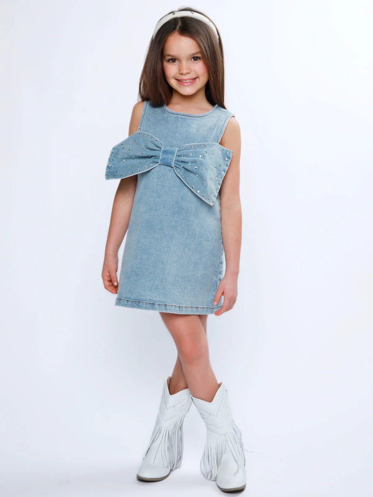 Chic Bow Rhinestone Denim Shift Dress - Image 6