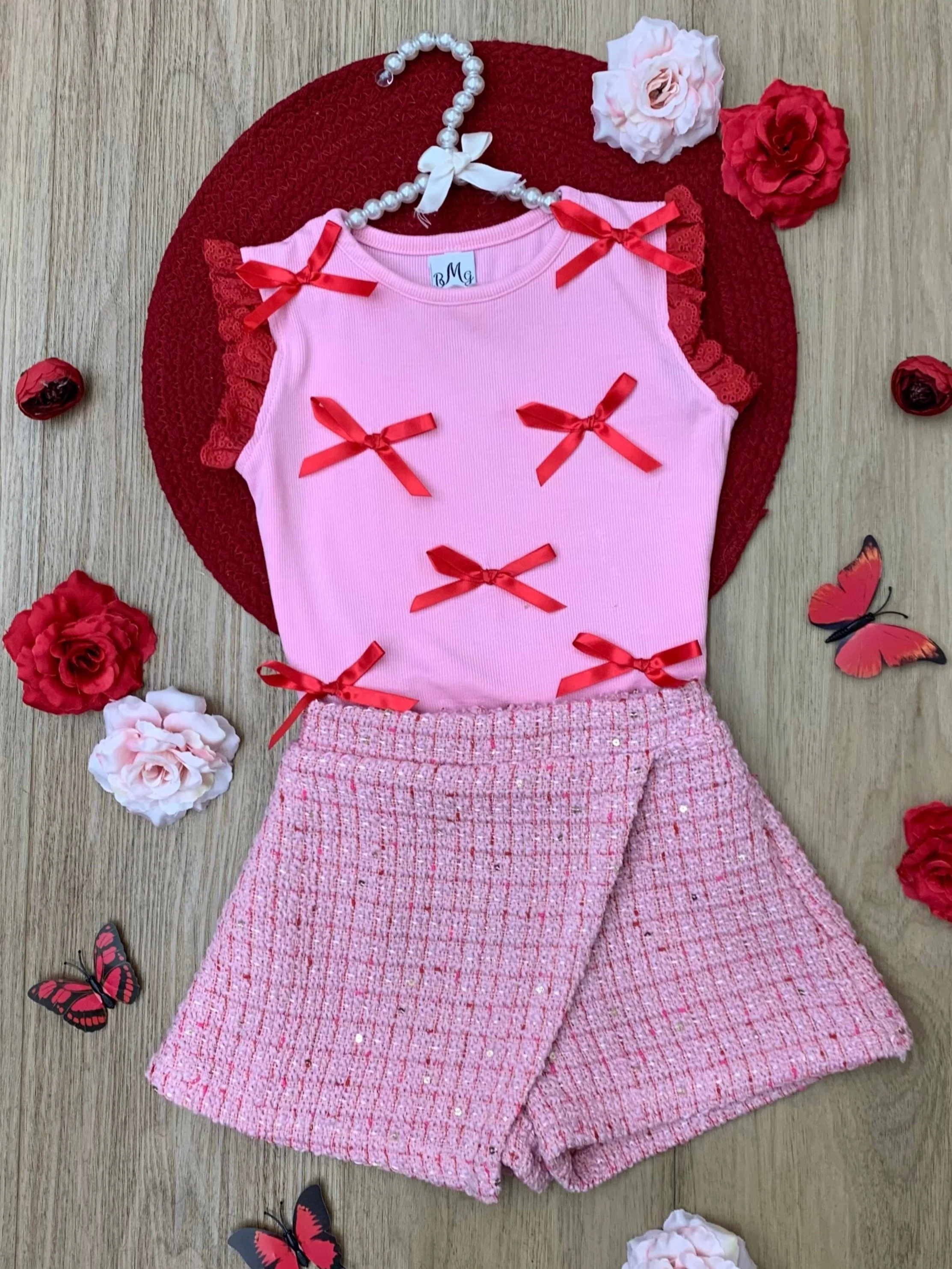 Chic Bows Lace Tank Top and Tweed Skort Set - Image 2