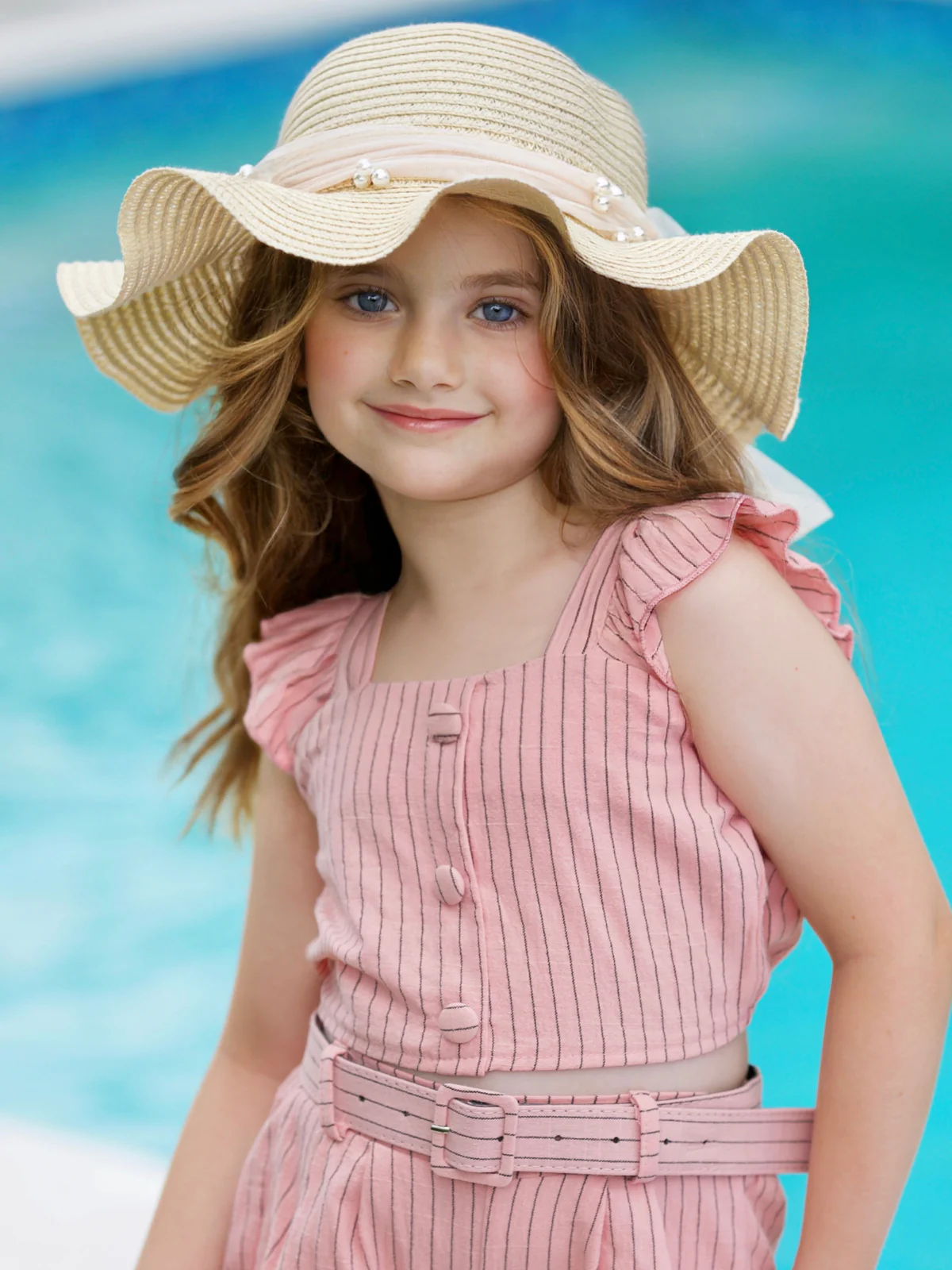 Chic Striped Flutter Sleeve Top & Belted Shorts Set - Image 2