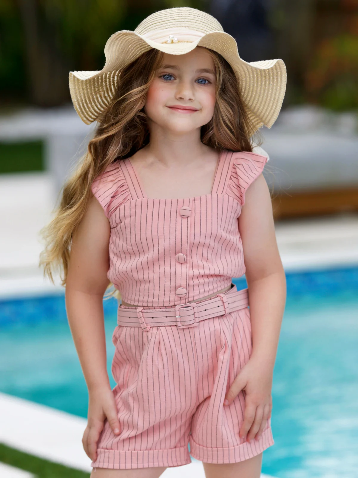 Chic Striped Flutter Sleeve Top & Belted Shorts Set - Image 3