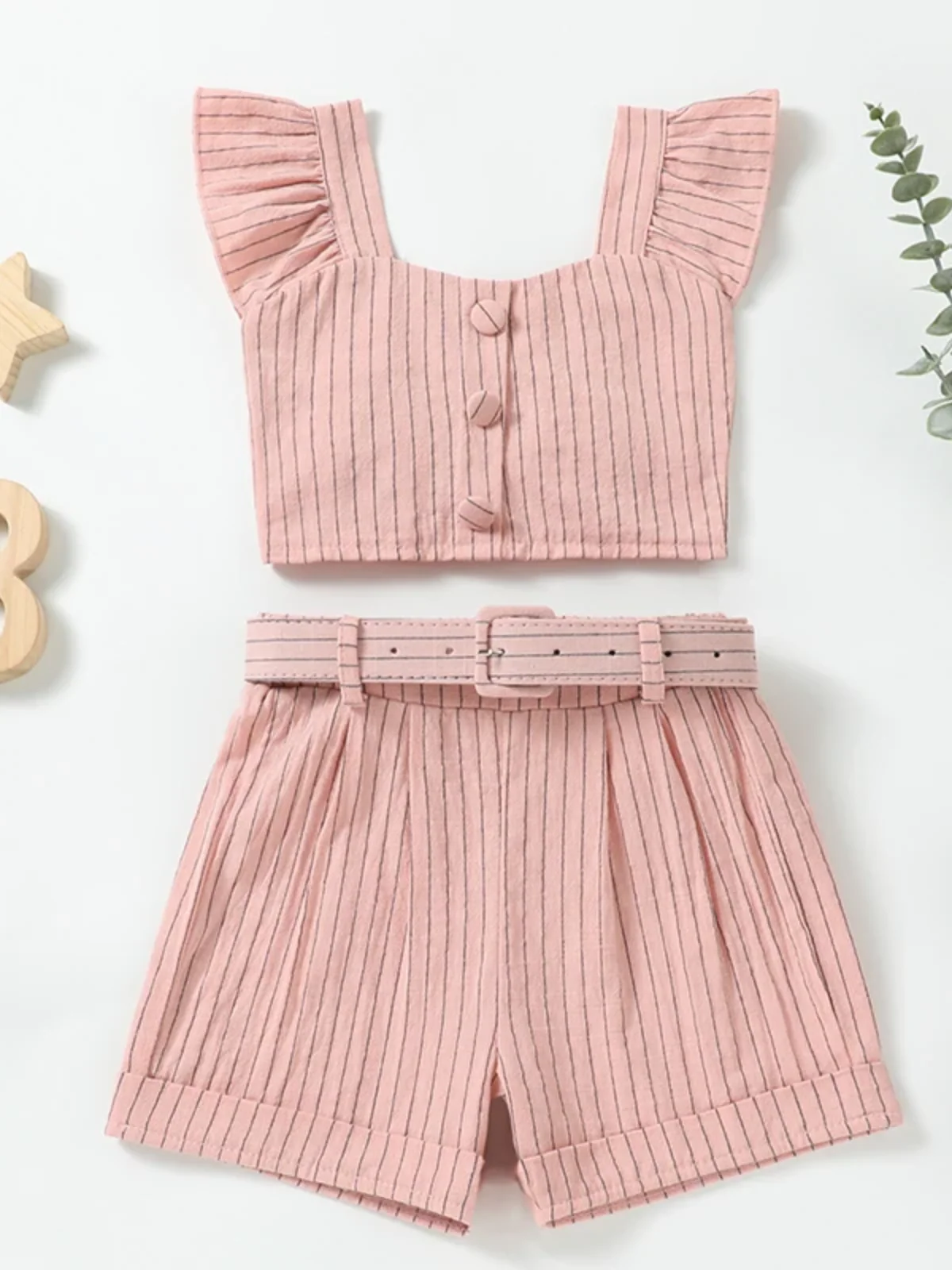 Chic Striped Flutter Sleeve Top & Belted Shorts Set - Image 4