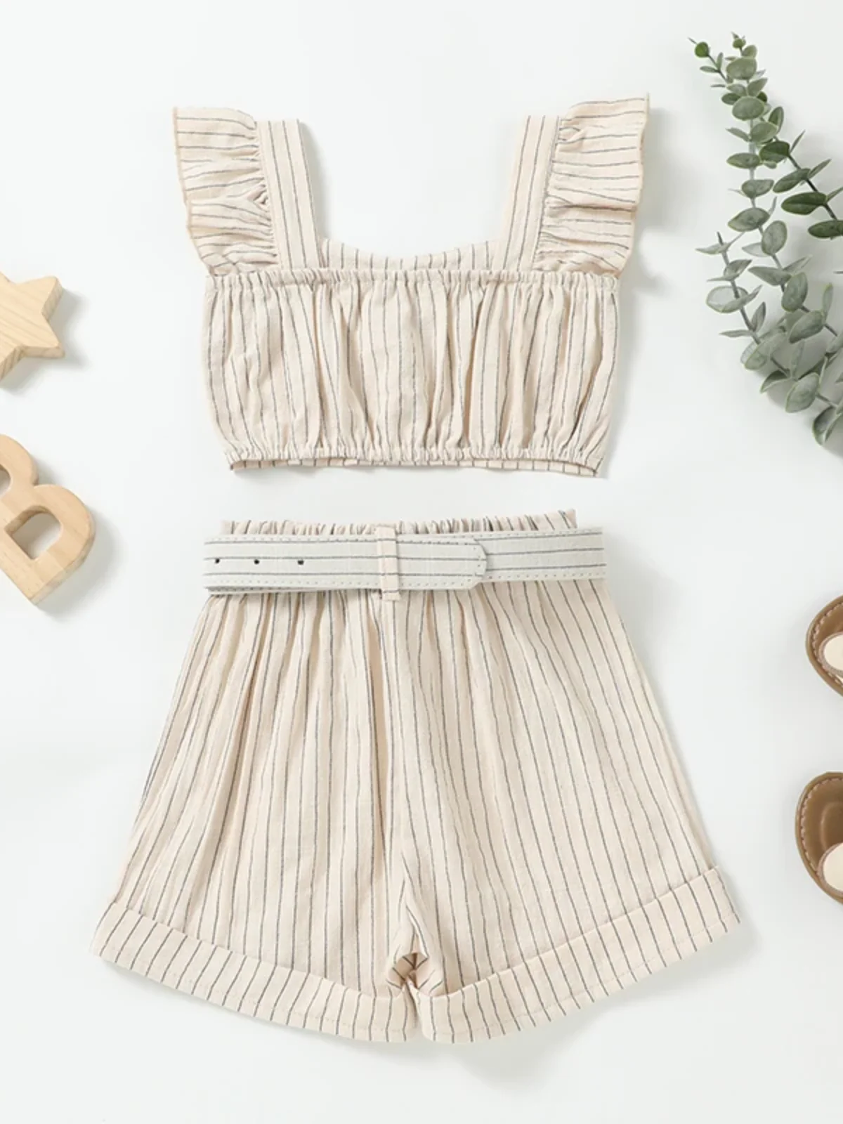 Chic Striped Flutter Sleeve Top & Belted Shorts Set - Image 6