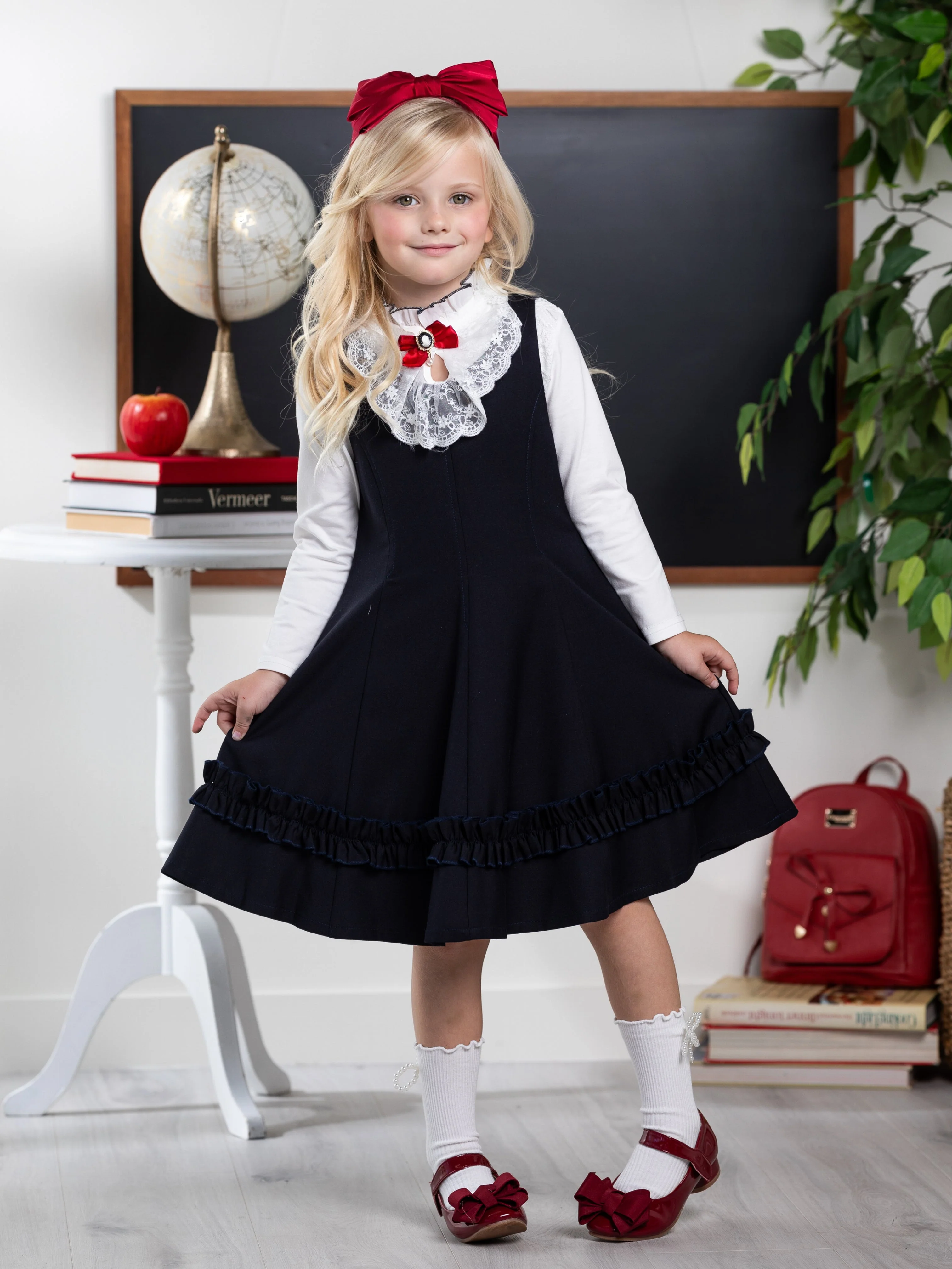 Classic Elegance Ruffle Front Navy Dress by Kids Couture - Image 3