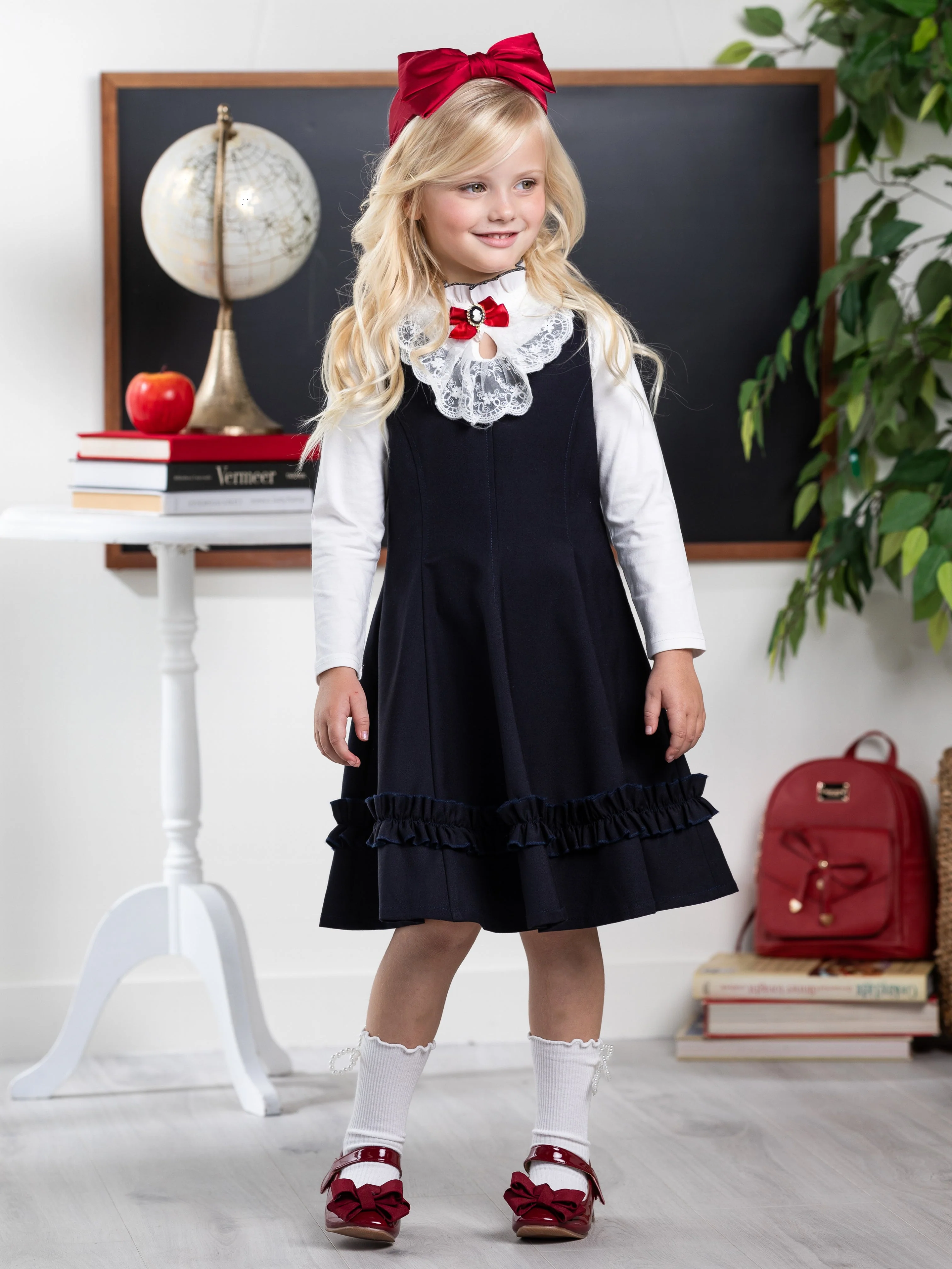 Classic Elegance Ruffle Front Navy Dress by Kids Couture - Image 6